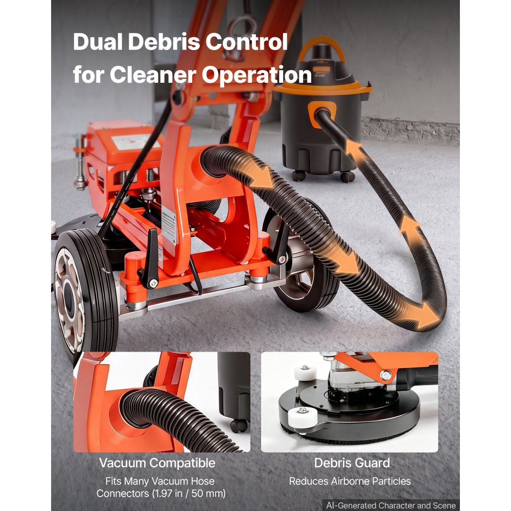 VEVOR Elektrischer Betonschleifer 1400W Bodenpolierer Handgeführt 3700U/min, Bodenschleifer zum Glätten von Beton Granit Marmor & Holzboden, 18cm Schleifscheibe, Ausziehbarer Griff, Absauganschluss