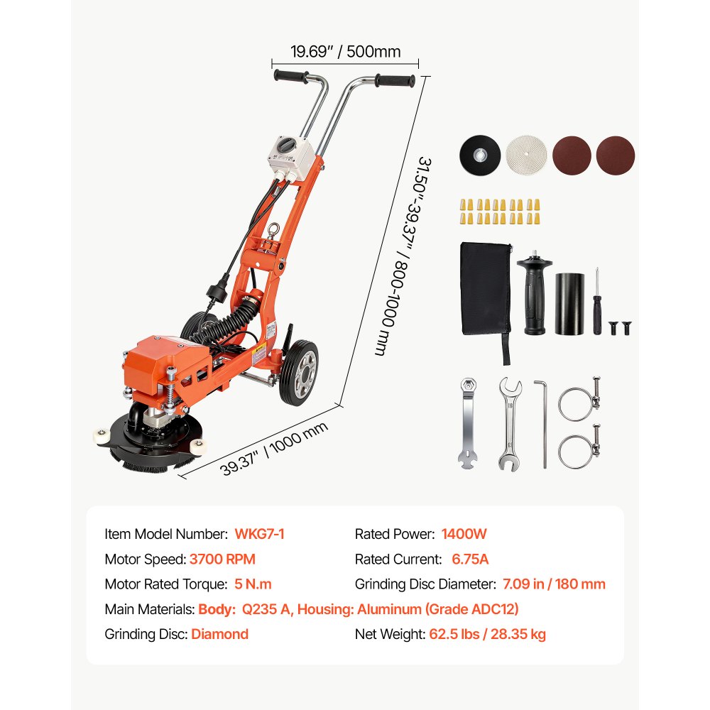 VEVOR Elektrischer Betonschleifer 1400W Bodenpolierer Handgeführt 3700U/min, Bodenschleifer zum Glätten von Beton Granit Marmor & Holzboden, 18cm Schleifscheibe, Ausziehbarer Griff, Absauganschluss
