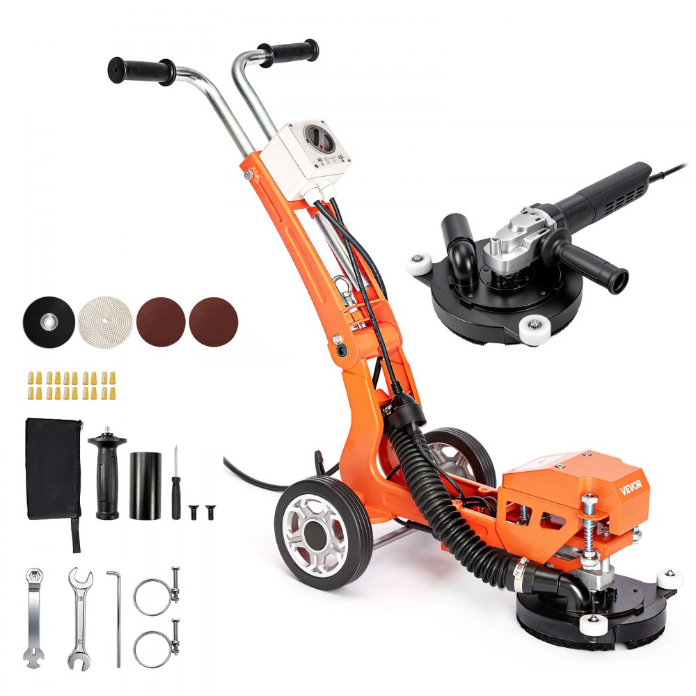 VEVOR Elektrischer Betonschleifer 1400W Bodenpolierer Handgeführt 3700U/min, Bodenschleifer zum Glätten von Beton Granit Marmor & Holzboden, 18cm Schleifscheibe, Ausziehbarer Griff, Absauganschluss