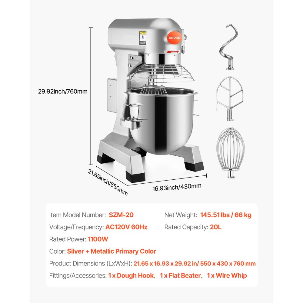 VEVOR Elektrische Küchenmaschine 750 W B20B, Rührmaschine, 3 Geschwindigkeiten, Universalküchenmaschinen, Teigmaschine, Schutzdesign mit 20 L Edelstahl-Rührschüssel, Schneebesen, Knethaken, Rührbesen