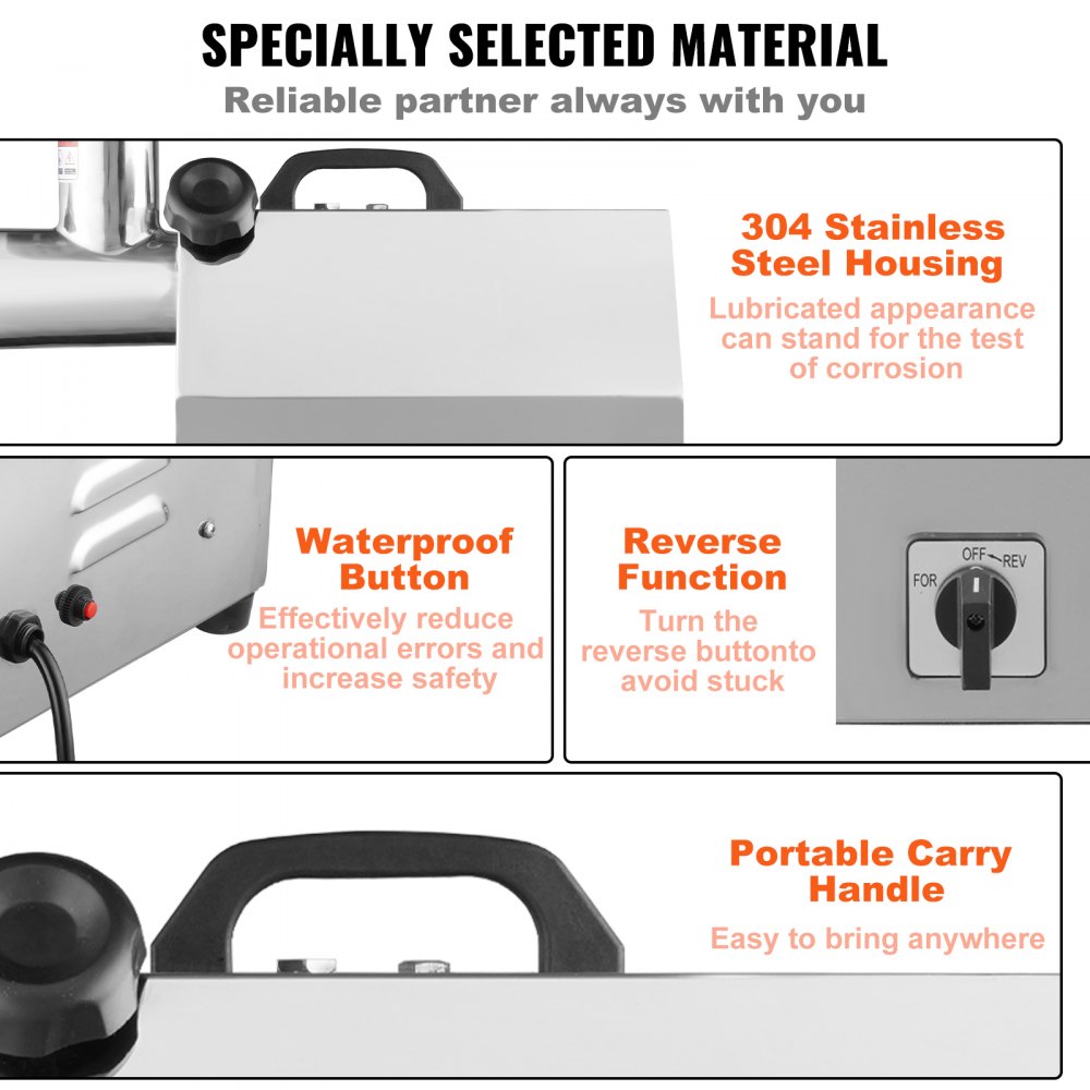 VEVOR Elektrischer Fleischwolf Edelstahl Fleischmaschine 360 kg/Std. Hackfleisch, 1100 W Multi Küchenmaschine Wurstfüller inkl. 2 Schneidplatten, 1 Wurströhre, 2 Klingen für Rind, Huhn, Pute usw.