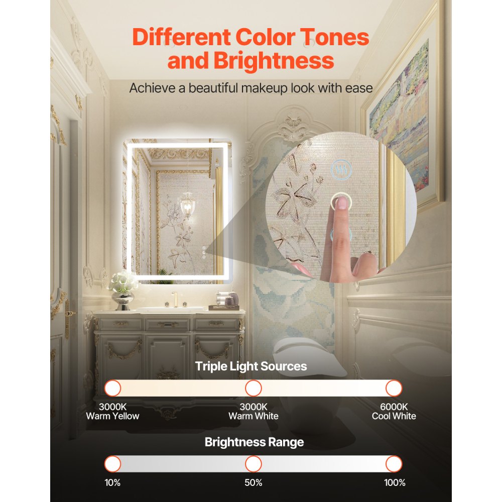 VEVOR LED-Badezimmerspiegel Kosmetikspiegel (60 x 80 cm) mit Front- und Hintergrundbeleuchtung, beschlagfreier Spiegel, stufenlos dimmbarer Badezimmerspiegel mit 3 Farbtemperaturen, Wandmontage