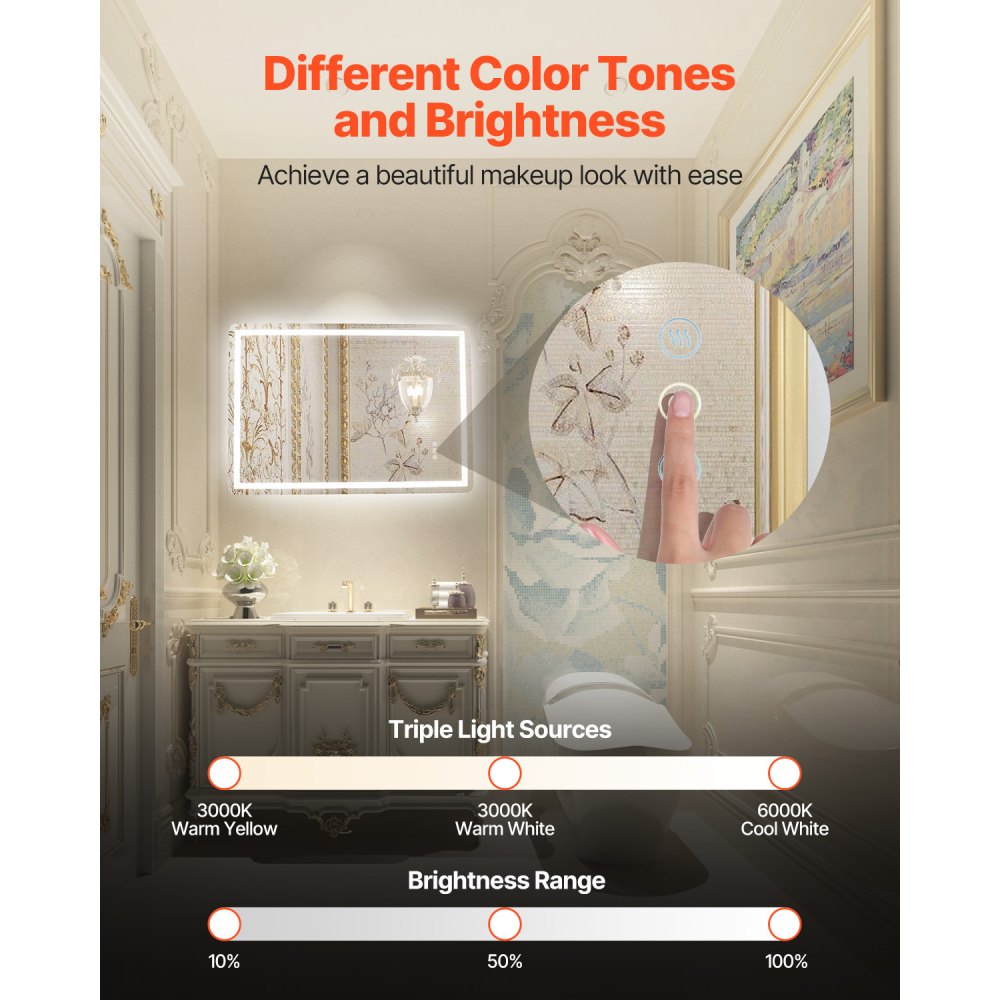 VEVOR LED-Badezimmerspiegel Kosmetikspiegel (70 x 100 cm) mit Front- und Hintergrundbeleuchtung, beschlagfreier Spiegel, stufenlos dimmbarer Badezimmerspiegel mit 3 Farbtemperaturen, Wandmontage