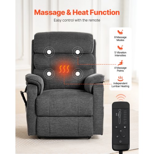VEVOR elektrischer Massagesessel Relaxsessel Liftsessel mit Wrme und  Massage fr Senioren, Liegesessel mit 2 Motoren & 2 Anti-Fall-Seilen,  stufenlose Positionseinstellung (mittelgro, dunkelgrau) | VEVOR DE