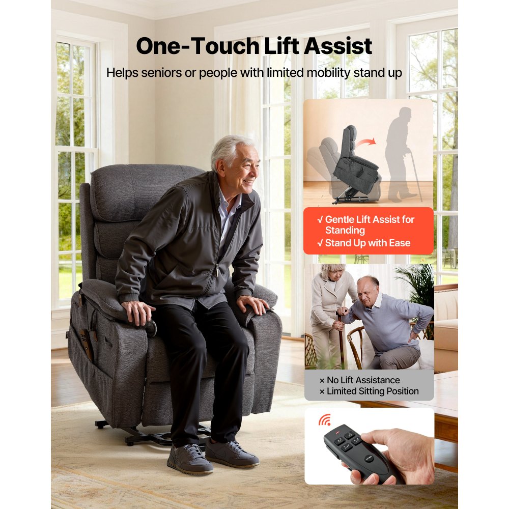 VEVOR Fernsehsessel Elektrisch, Relaxsessel mit Aufstehhilfe, Wärme- & Massagefunktion, Seniorensessel Stufenlose Verstellung, Massagesessel mit Chenille-Bezug & Fernbedienung, Dunkelgrau