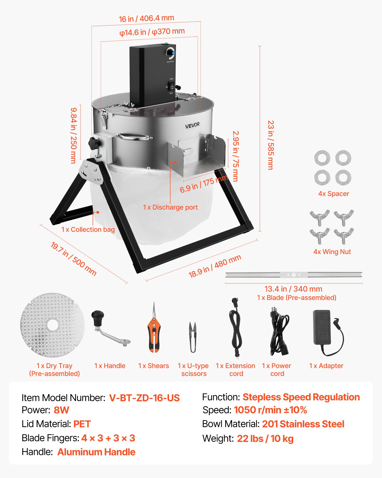 VEVOR Erntemaschine, 2-in-1 Manuell & Elektrisch, 370 mm Knospenschneider mit Edelstahlklingen, Nass-Trocken-Hydrokultur-Schneidemaschine mit Trockenrost, für Pflanzenknospen & Blumen