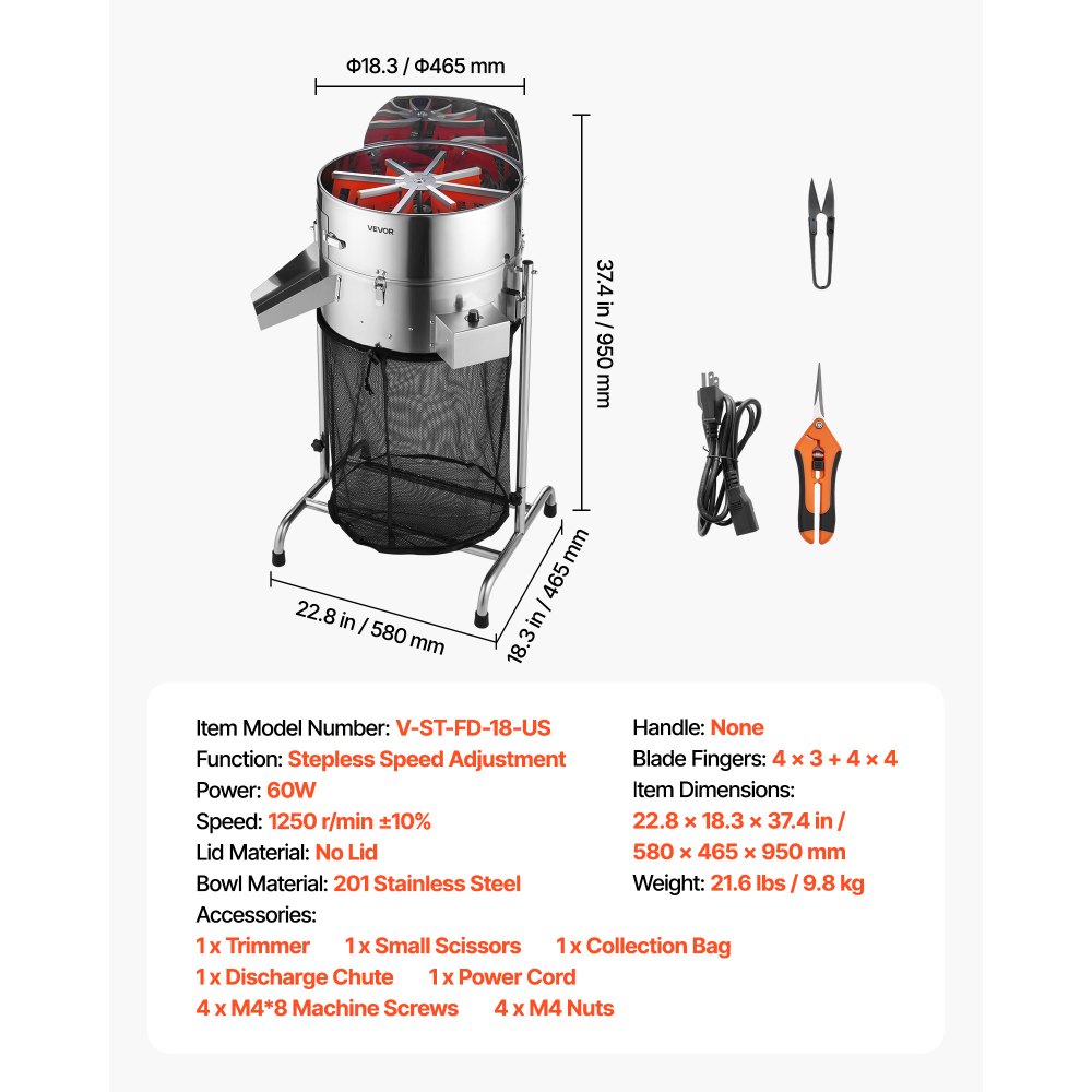 VEVOR Elektrische Erntemaschine, 465 mm Knospenschneider mit Edelstahlklingen & einstellbarer Geschwindigkeit, Hydrokultur-Schneidemaschine mit Auffangbeutel, Handschere, für Blätter & Knospen