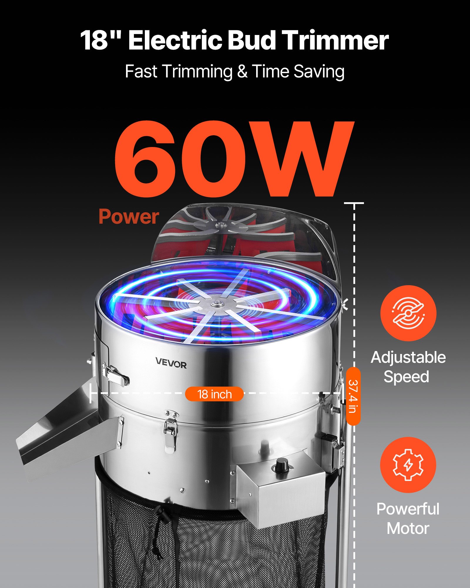 VEVOR Elektrische Erntemaschine, 465 mm Knospenschneider mit Edelstahlklingen & einstellbarer Geschwindigkeit, Hydrokultur-Schneidemaschine mit Auffangbeutel, Handschere, für Blätter & Knospen