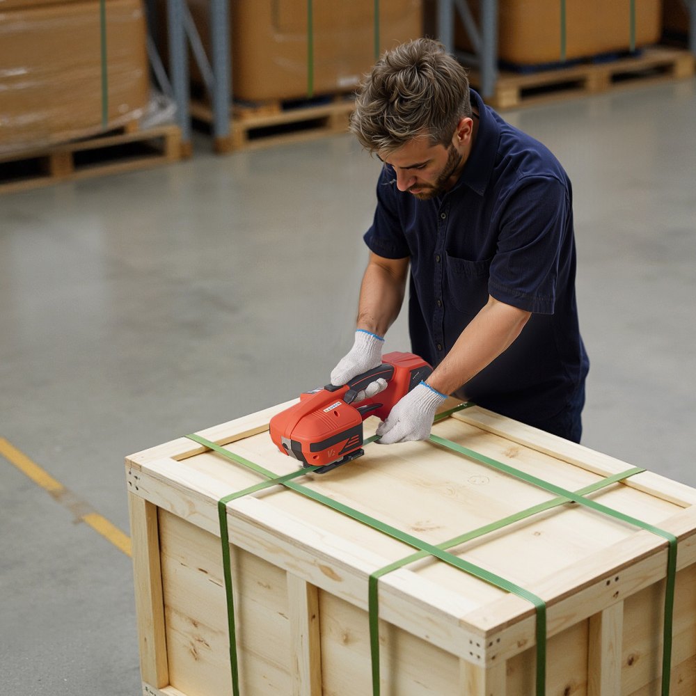 VEVOR Akku Umreifungsgerät, 2 x 4000 mAh Akkus, Umreifungsmaschine mit Digitalanzeige für 9–16 mm breite PP/PET-Bänder, Bandverpackungsmaschine für Fabriken, Lagerhallen, & Logistikzentren