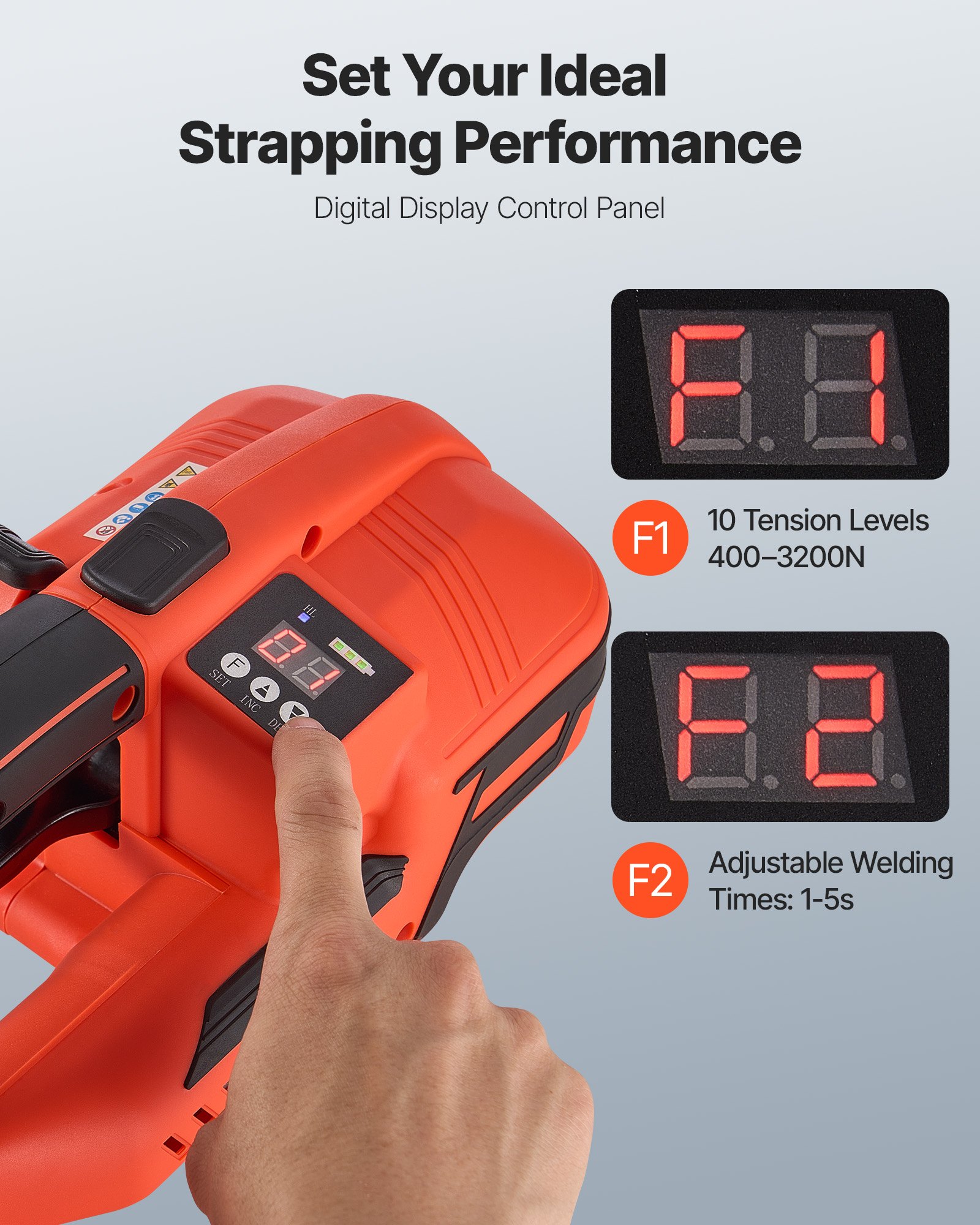 VEVOR Akku Umreifungsgerät, 2 x 4000 mAh Akkus, Umreifungsmaschine mit Digitalanzeige für 9–16 mm breite PP/PET-Bänder, Bandverpackungsmaschine für Fabriken, Lagerhallen, & Logistikzentren