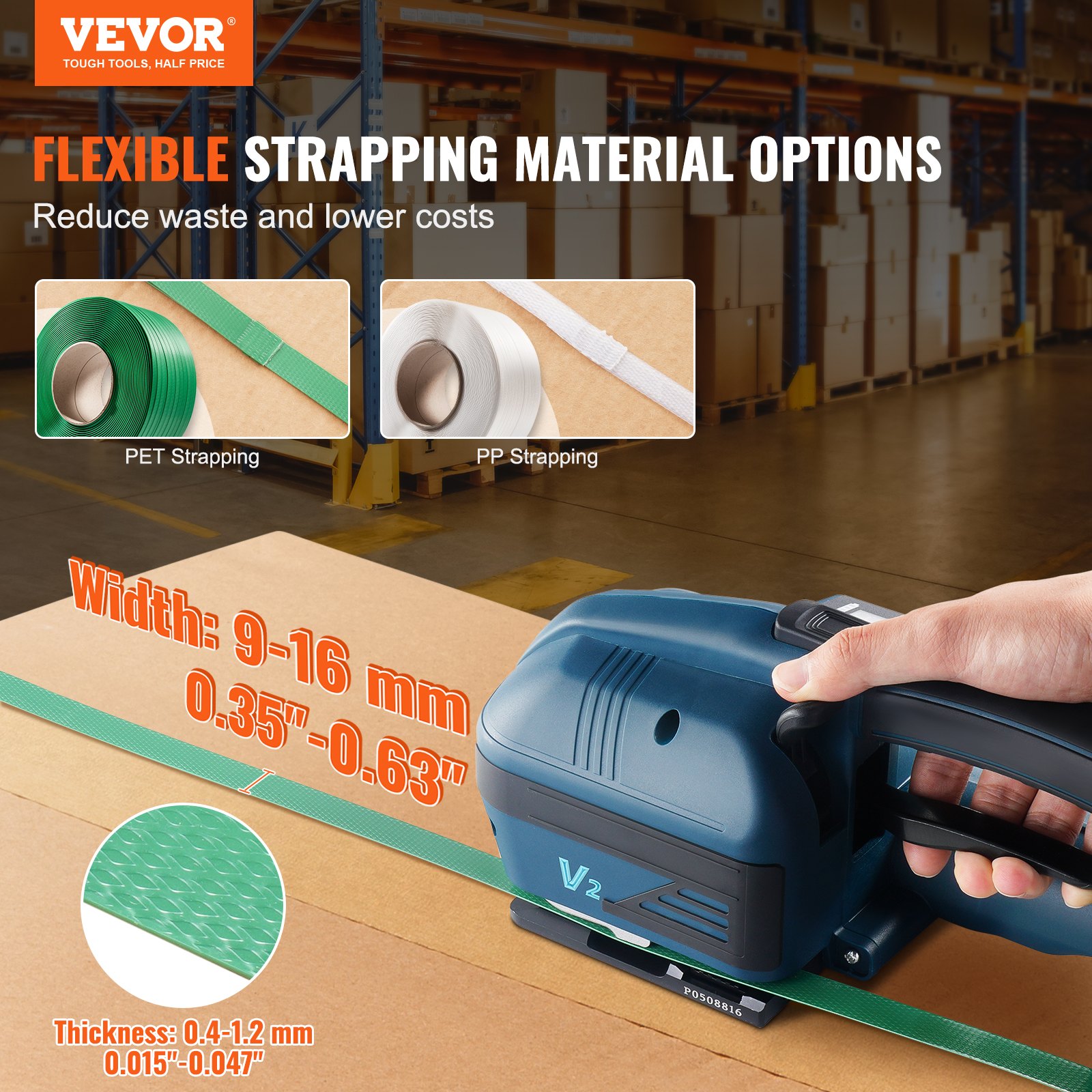 VEVOR Electric Strapping Machine, for 0.35"-0.63" PP-PET Strapping, Portable Electric Strapping Tool with Digital Display, 2 x 4000 mAh Battery-Powered Automatic Strapping Tool for Carton Pallets