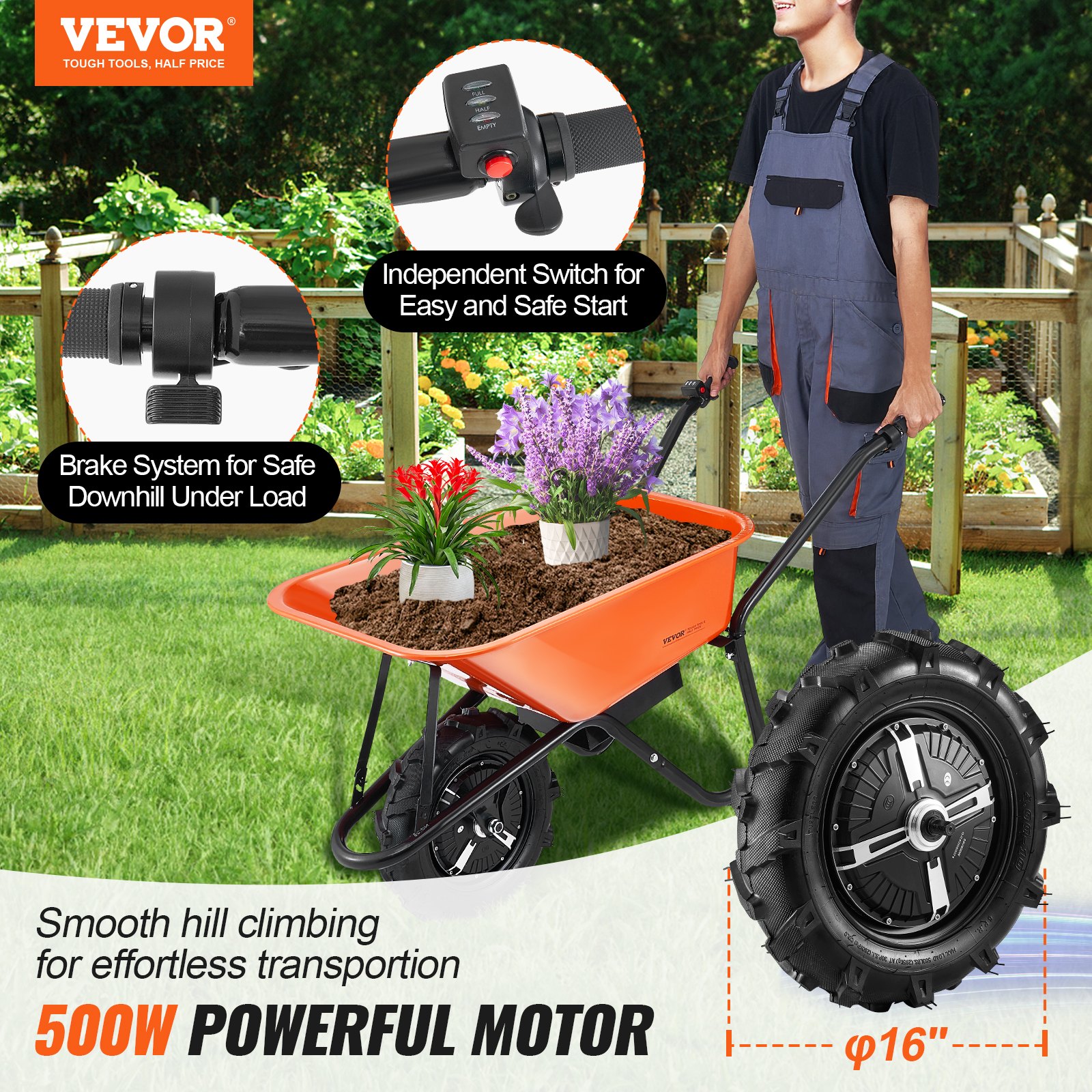 VEVOR Wheelbarrow, 500W Powered Multi-Purpose Garden Cart, Tipping Cart, 150kg Capacity with Metal Handle and Rail Wheels, Single Wheelbarrow Garden Cart and Cart for Lawn Farm, 151 x 60 x 70 cm