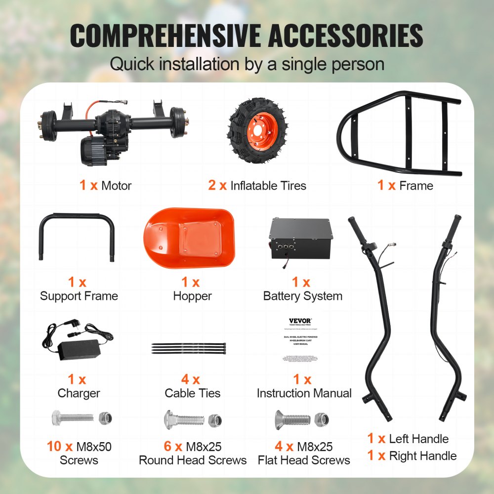 VEVOR Schubkarre, 500 W angetriebener Mehrzweck-Gartenwagen, Kippkarre,  260 kg Kapazität mit Metallgriff und Schienenrädern, zweirädrige Transportkarre und Wagen für Rasenfarm, 167 x 76 x 78 cm