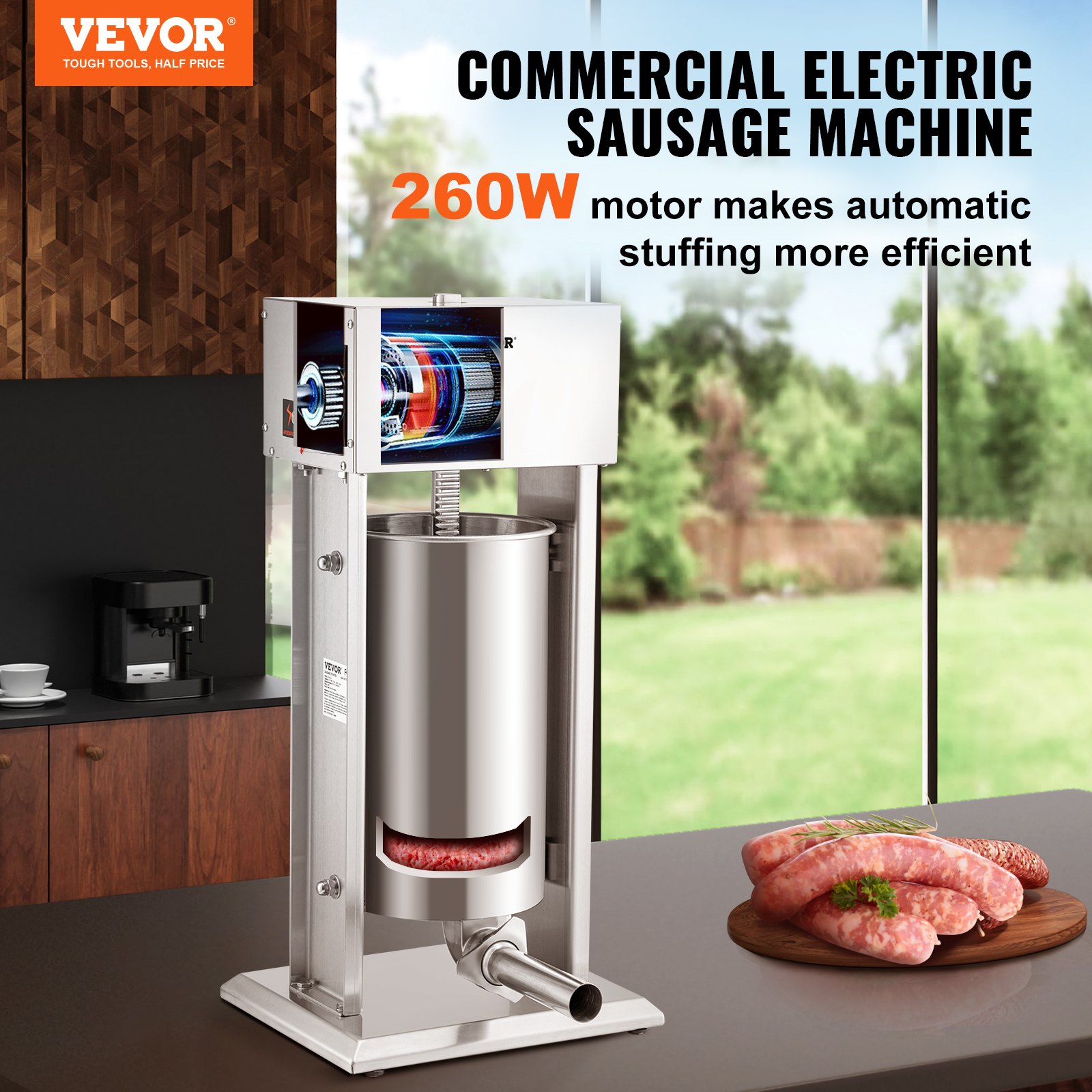 VEVOR Electric Sausage Stuffer, Sausage Filling Machine, 15 L, Stainless Steel + Aluminum, 260 W, Professional Silver Sausage Machine incl. 37 / 30 / 21 / 15 mm Filling Tubes, Adjustable Vertical Sausage Press