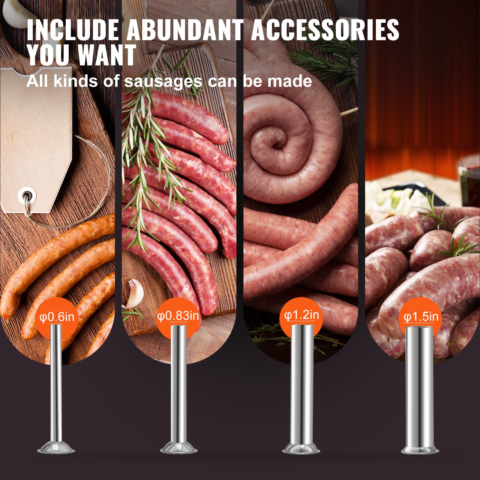 VEVOR Electric Sausage Stuffer, Sausage Filling Machine, 15 L, Stainless Steel + Aluminum, 260 W, Professional Silver Sausage Machine incl. 37 / 30 / 21 / 15 mm Filling Tubes, Adjustable Vertical Sausage Press