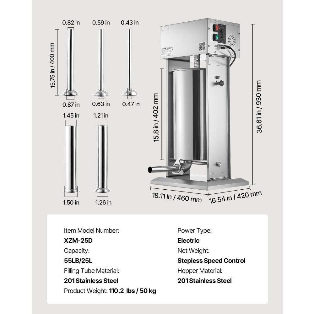 VEVOR Electric Sausage Stuffer, 55 LBS / 25 L Vertical Meat Stuffer, Stepless Speed Control and Foot Pedal, Stainless Steel Heavy Duty Sausage Filler with 5 Stuffing Tubes, for Commercial & Home Use