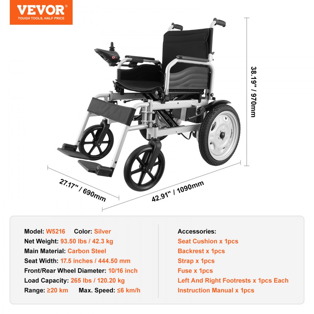 VEVOR Elektrorollstuhl für Senioren, Tragkraft 120 kg, 444,50 mm Breite, faltbarer Elektrorollstuhl mit Motor, Reichweite bis zu 20 km, Elektrorollstuhl für jedes Gelände, verstellbare Rückenlehne