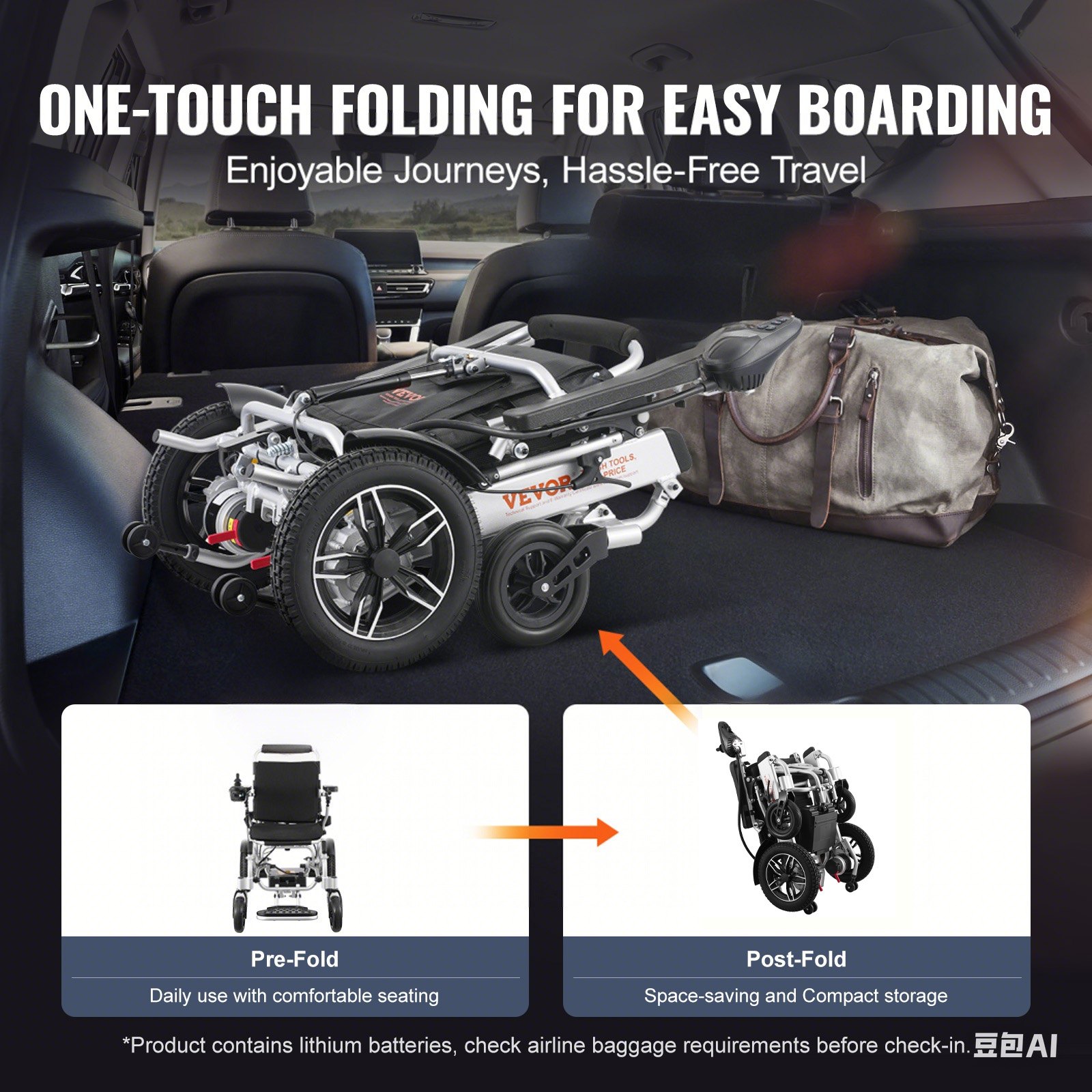 VEVOR elektrischer Rollstuhl, Tragkraft 136 kg, 45 cm Breite, faltbarer, motorisierter Elektrorollstuhl, 20 km Reichweite, geländegängiger Stuhl aus Aluminiumlegierung, verstellbare Rückenlehne