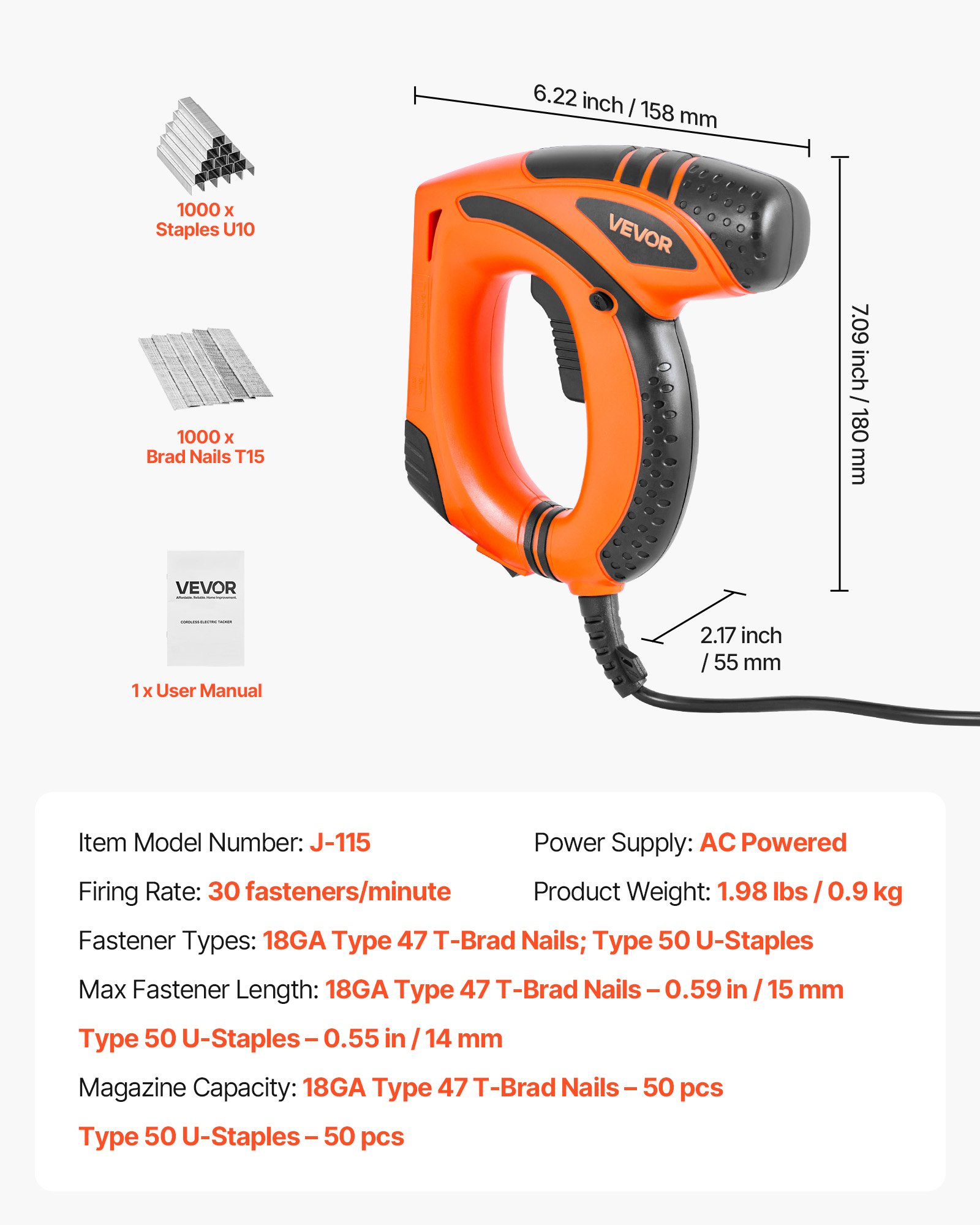 VEVOR elektrische Nagelpistole 2 in 1 Tacker 18 Gauge 15 mm mit 1000 Klammern & 1000 Nägeln & rutschfester Gummigriff, Elektrotacker für Holzarbeiten und Heimwerkerprojekte