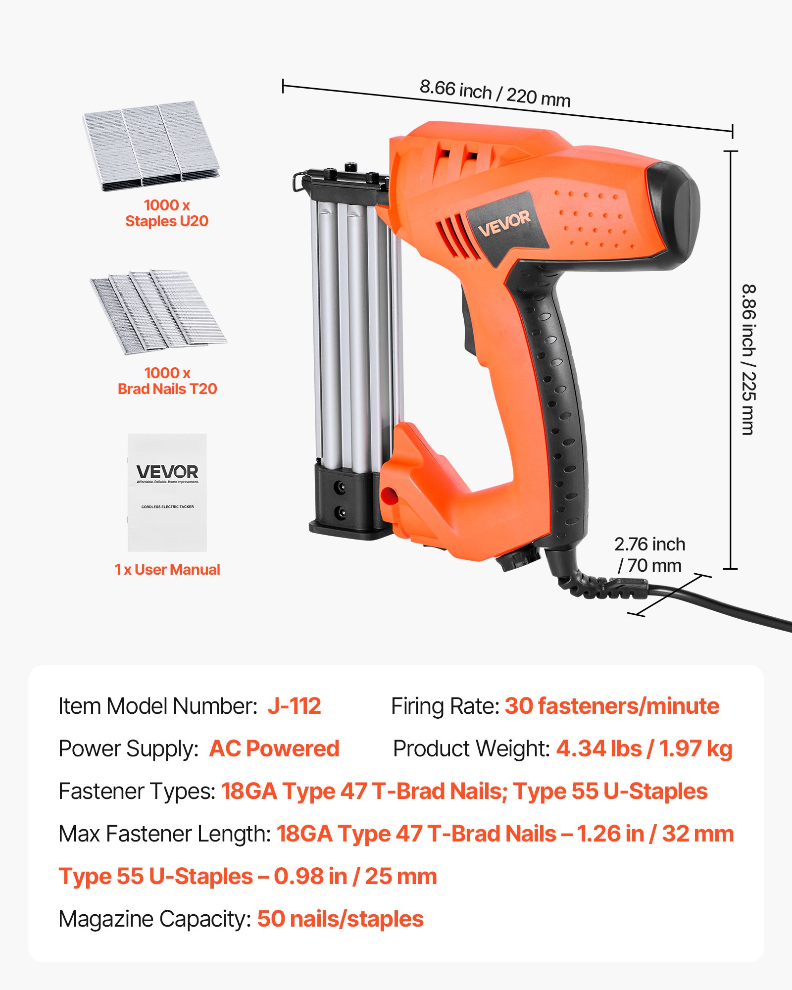 VEVOR elektrische Nagelpistole 2 in 1 Tacker 18 Gauge 15-32 mm mit 1000 Klammern & 1000 Nägeln & rutschfester Gummigriff, Elektrotacker für Holzarbeiten und Heimwerkerprojekte