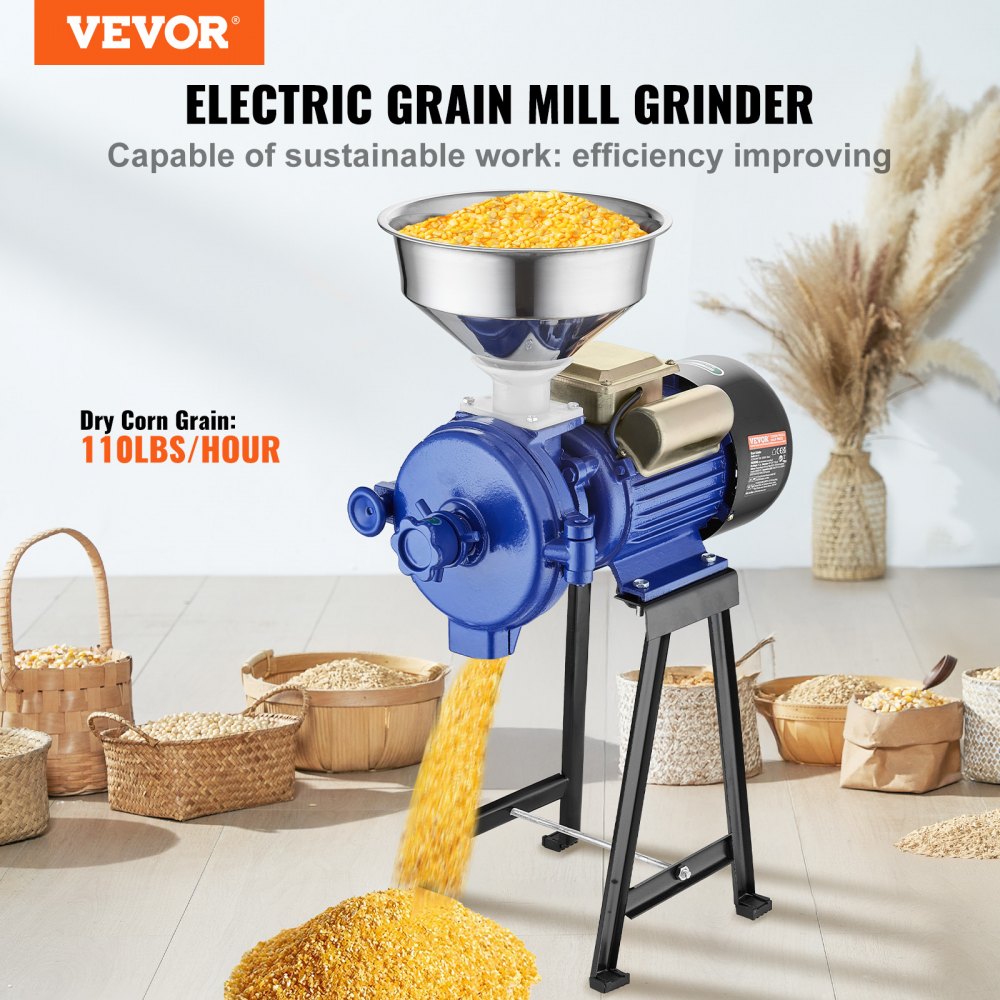 VEVOR elektrische Getreidemühle Gewürzmühlen 3 kW, kommerzielle Maismühle mit Trichter, Pulvermaschine mit einstellbarer Stärke, Hochleistungs-Futtermehl-Müslimühle, Weizenmühle, Trockenmühle