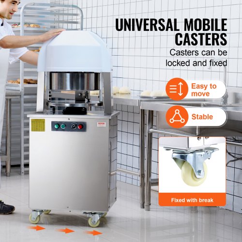VEVOR Elektrischer Teigteiler – 20 Portionen, 60-260 G, 750 W, Edelstahl 304 – Für Bäckerei, Restaurant & Café – Inkl. Rollen