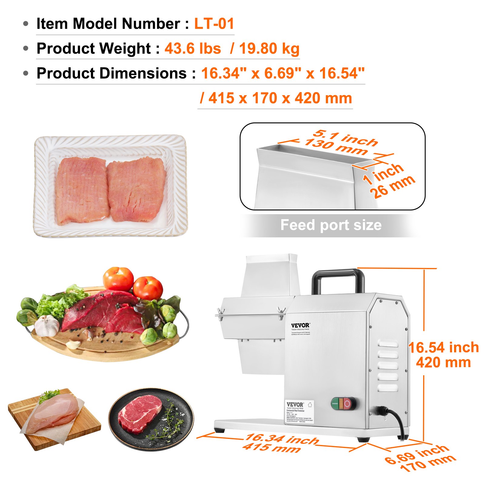 VEVOR Elektrischer Fleischklopfer Fleischzartmacher 450 W mit 54 Edelstahlklingen, Professionelles Fleischklopferwerkzeug  415x170x420 mm Atomatischer Schweinefleisch-Rindersteakklopfer Küchenhelfer