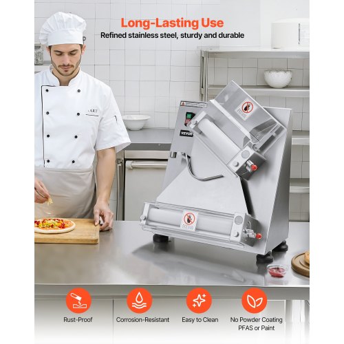 VEVOR elektrische Pizzateigpresse 355,6 mm Gebäck-Pressplatte, Brotpresse automatisch 370 W aus Edelstahl, kommerzieller Chapati Presse, Formmaschine mit einstellbarer Dicke, Teigstücke pro Stunde