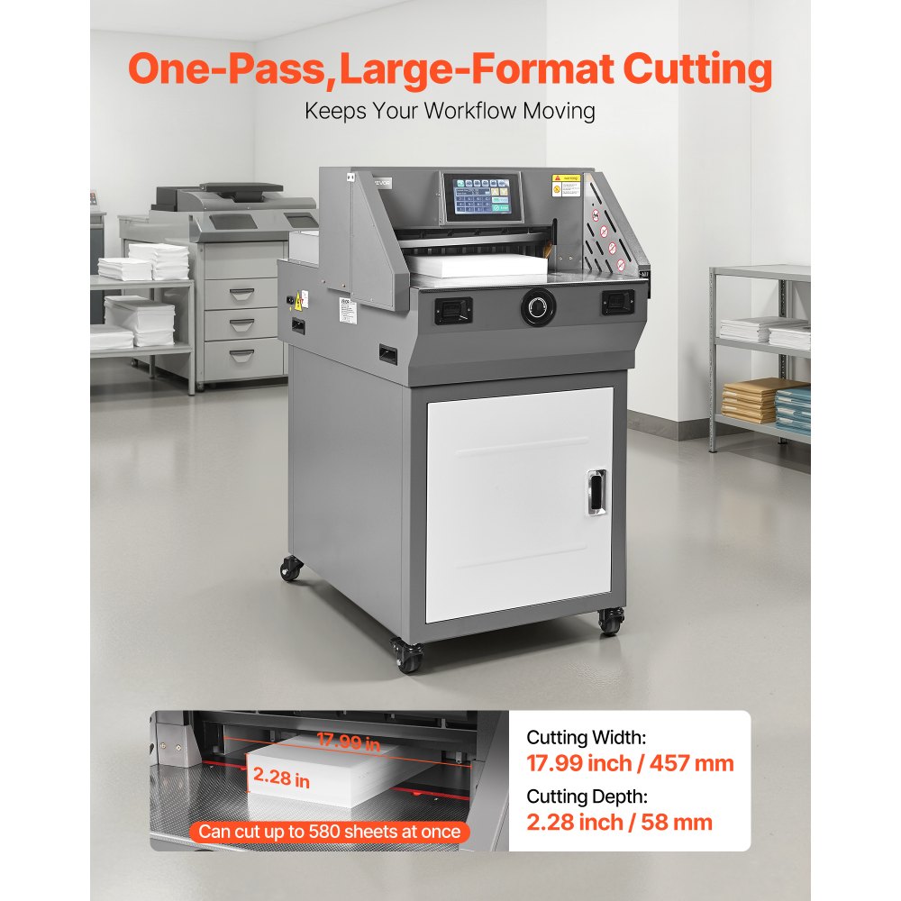 VEVOR elektrische Papierschneidemaschine Hochleistungs-Papierschneider, 457 mm Schnittbreite, 58 mm Schnittstärke, große elektrische Guillotine mit Infrarotfunktion & Ersatzklinge 1000 W
