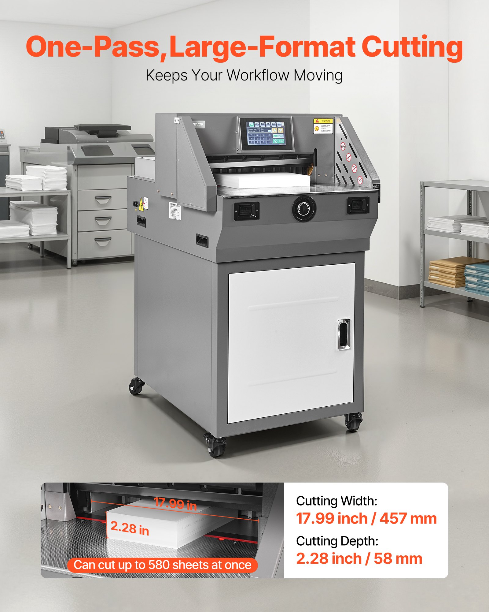 VEVOR elektrische Papierschneidemaschine Hochleistungs-Papierschneider, 457 mm Schnittbreite, 58 mm Schnittstärke, große elektrische Guillotine mit Infrarotfunktion & Ersatzklinge 1000 W