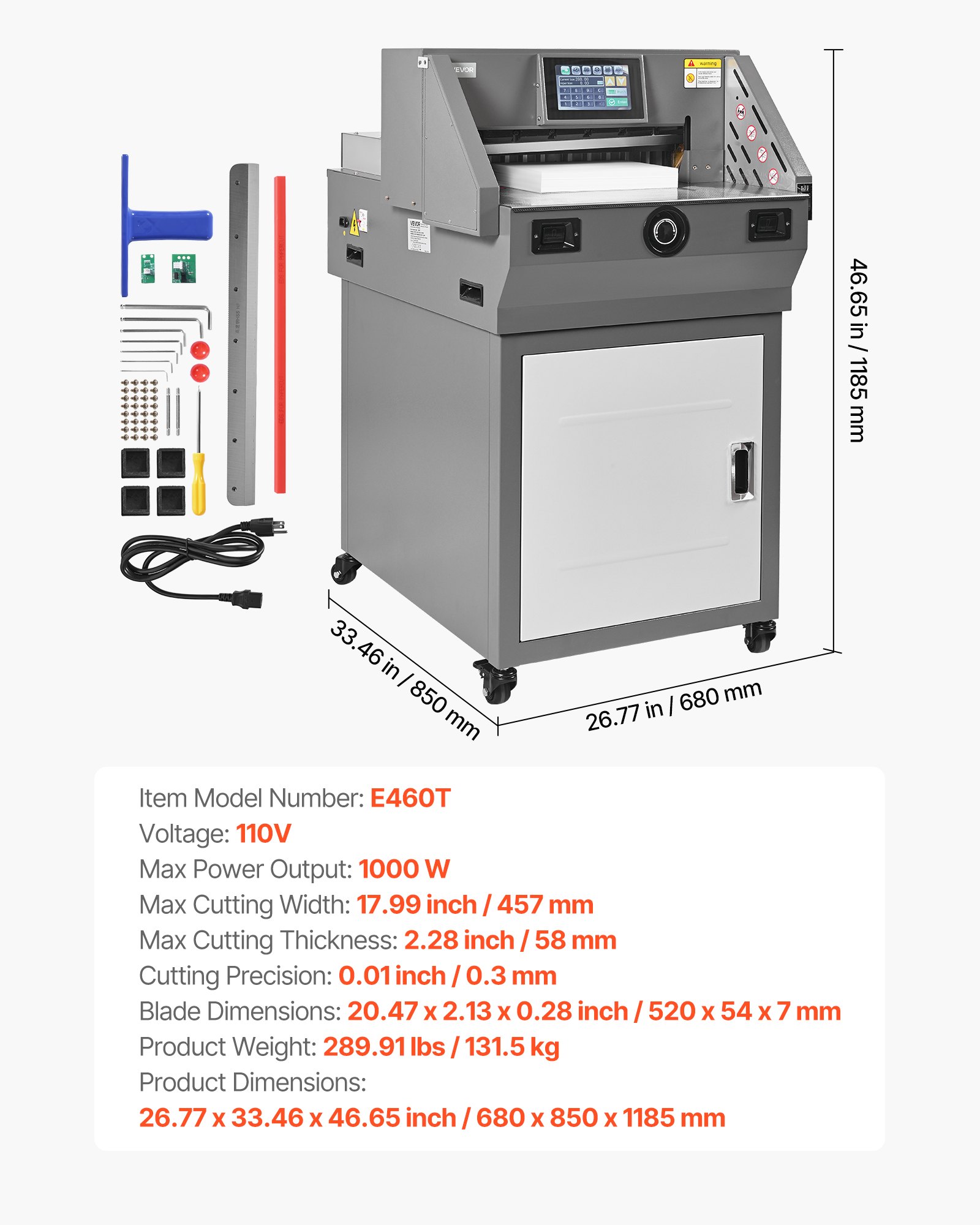 VEVOR elektrische Papierschneidemaschine Hochleistungs-Papierschneider, 457 mm Schnittbreite, 58 mm Schnittstärke, große elektrische Guillotine mit Infrarotfunktion & Ersatzklinge 1000 W