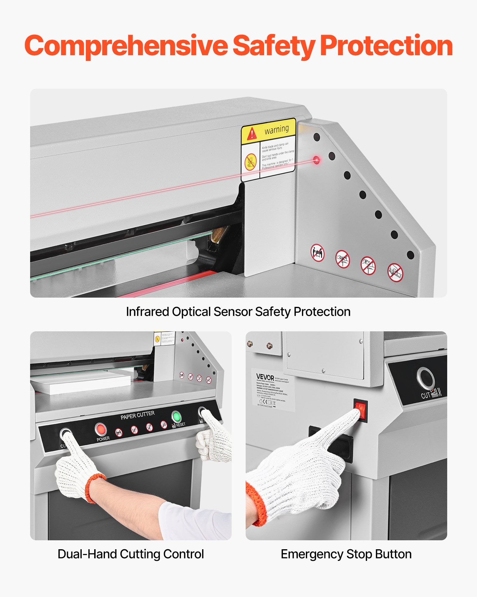 VEVOR elektrische Papierschneidemaschine Hochleistungs-Papierschneider, 45 cm Schnittbreite, 4 cm Schnittstärke, große elektrische Guillotine mit Infrarotfunktion & Ersatzklinge 500 W