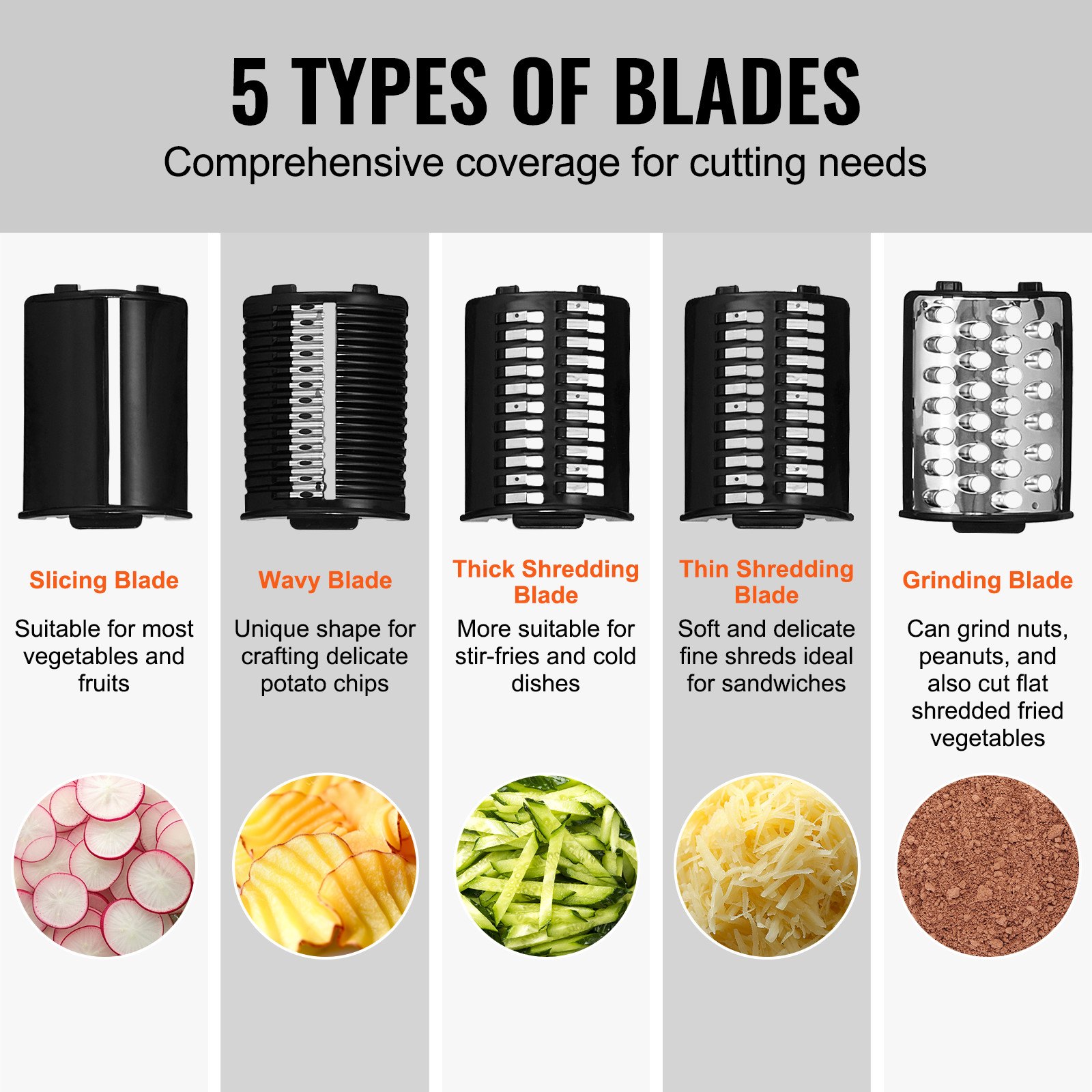 VEVOR Elektrische Käsereibe / Salatzubereiter, 250 W Salatschleuder, Elektrischer Gemüseschneider Gemüsehobel, Zerkleinerer für Obst mit 5 Aufsätzen, Lebensmittelschneider aus Edelstahl & ABS