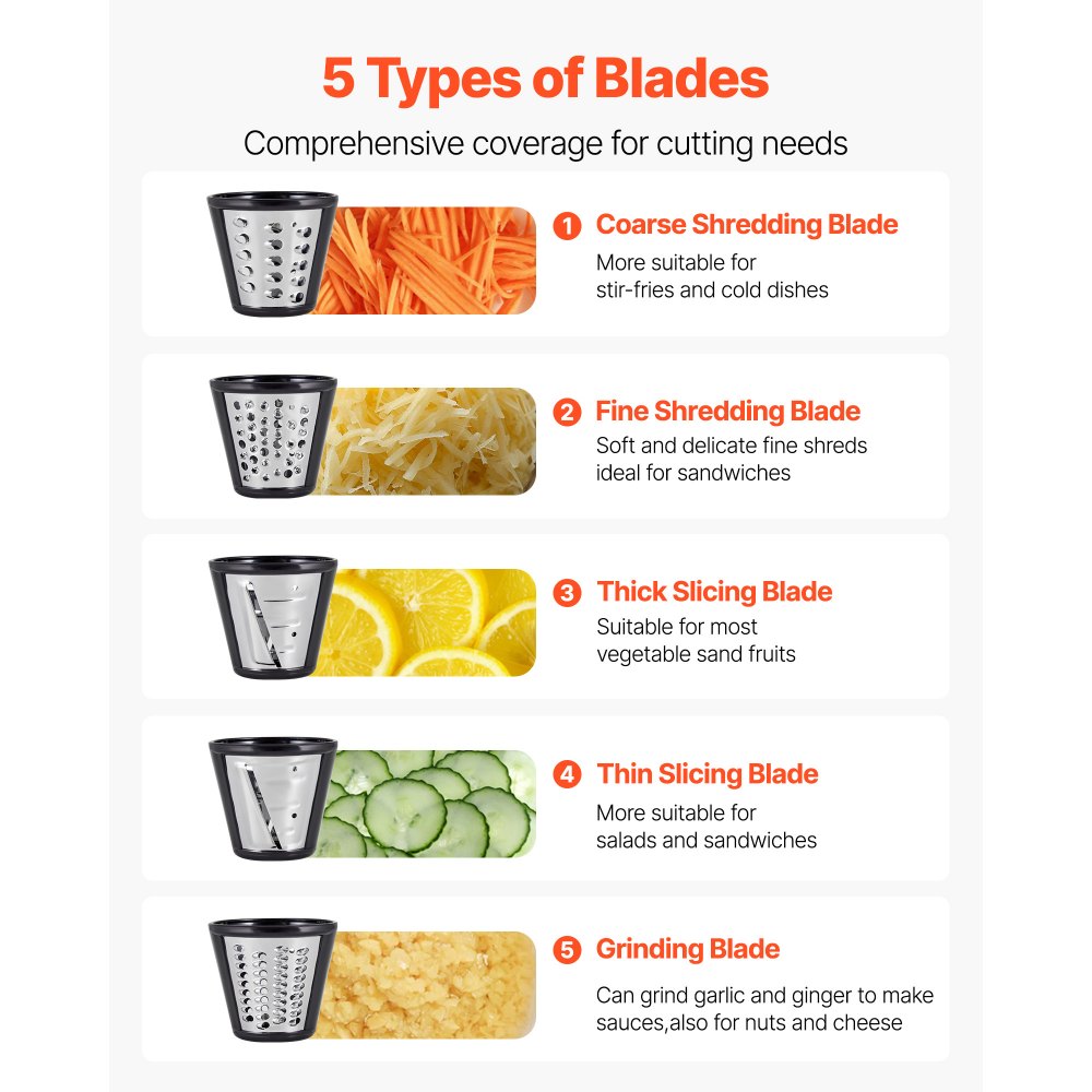 VEVOR Elektrische Käsereibe Salatzubereiter 200 W Gemüsehobel Gemüseschneider, Drehreibe mit 5 Aufsätzen, Lebensmittelschneider mit Edelstahlklingen für Gemüse Käse schnelles Schneiden