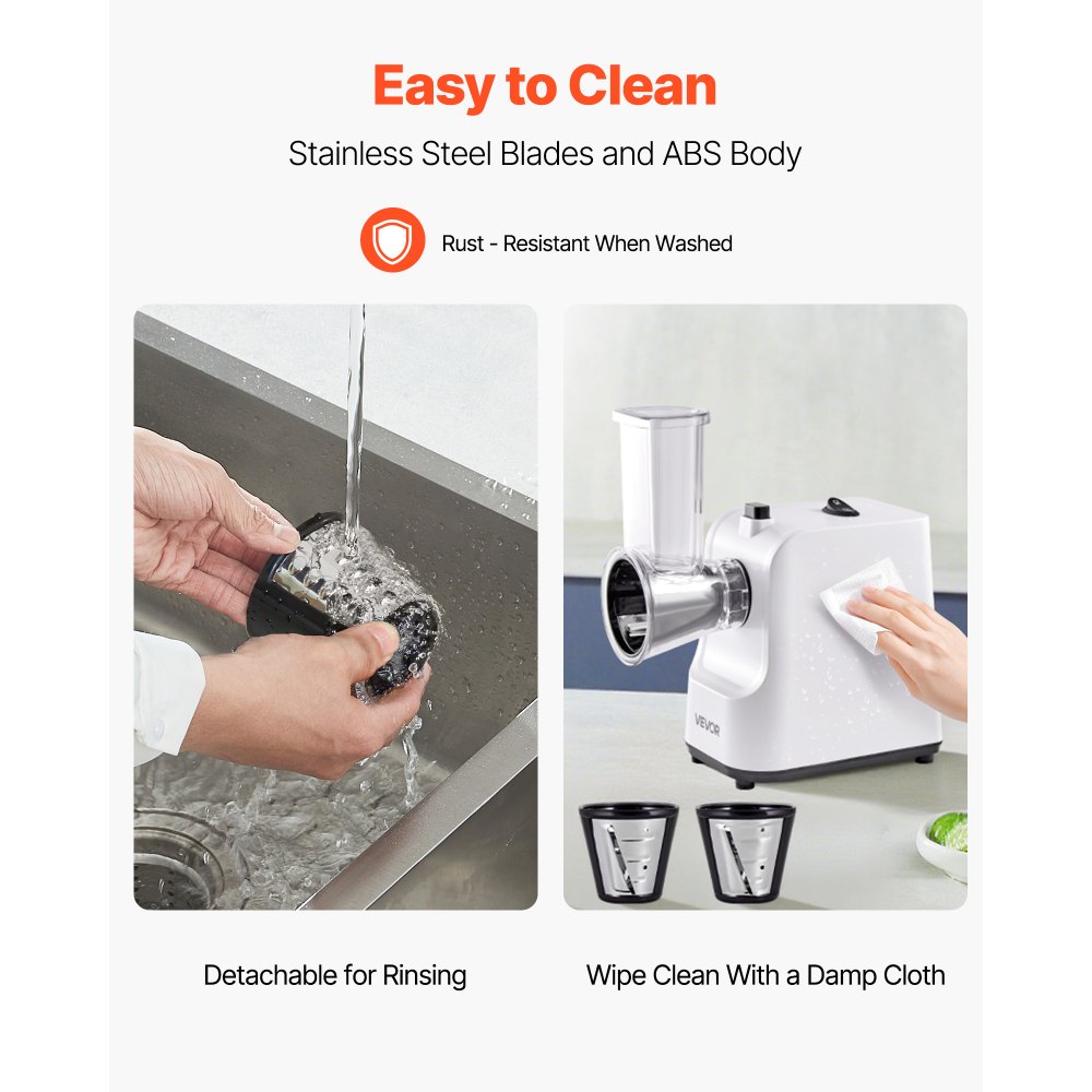 VEVOR Elektrische Käsereibe Salatzubereiter 200 W Gemüsehobel Gemüseschneider, Drehreibe mit 5 Aufsätzen, Lebensmittelschneider mit Edelstahlklingen für Gemüse Käse schnelles Schneiden