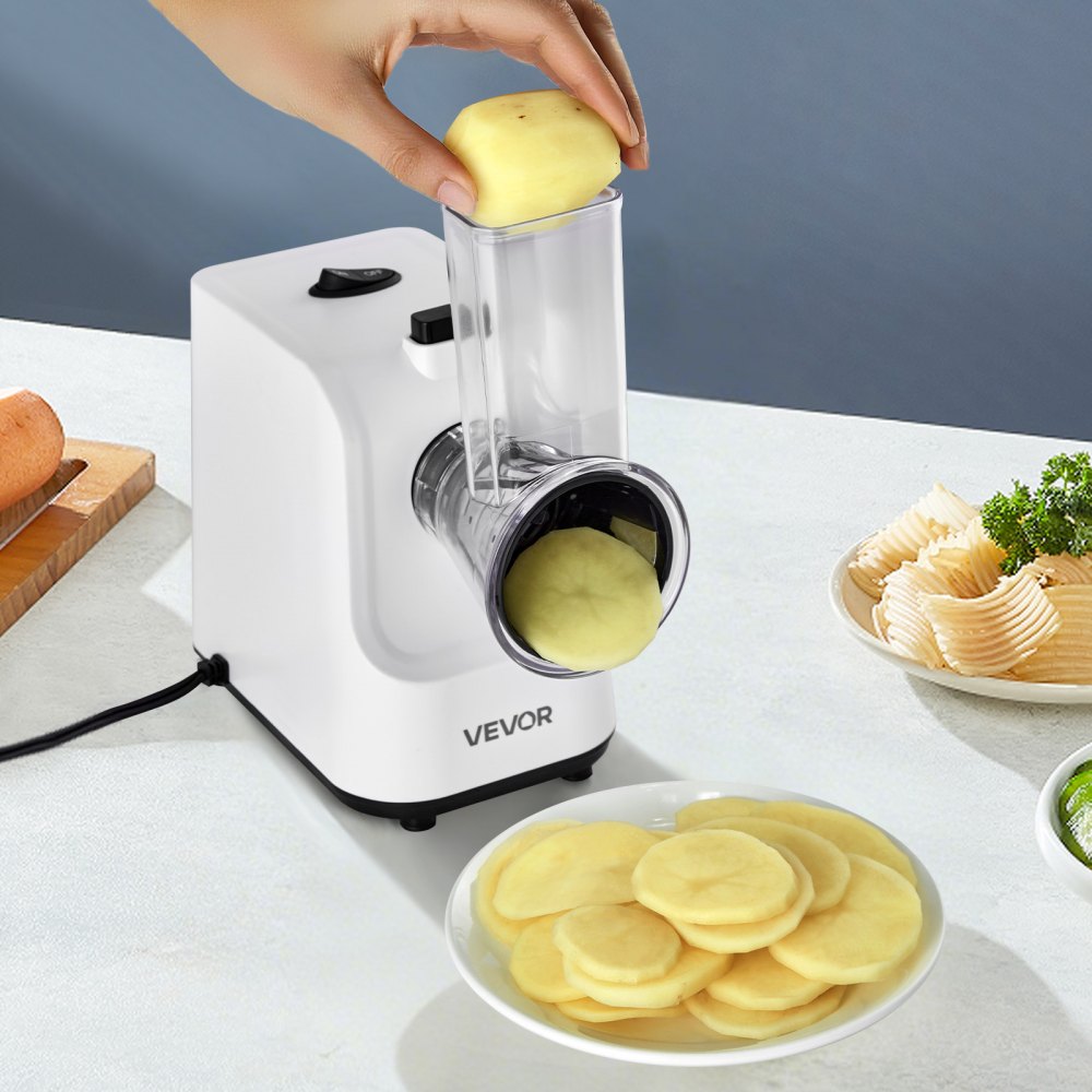 VEVOR Elektrische Käsereibe Salatzubereiter 200 W Gemüsehobel Gemüseschneider, Drehreibe mit 5 Aufsätzen, Lebensmittelschneider mit Edelstahlklingen für Gemüse Käse schnelles Schneiden