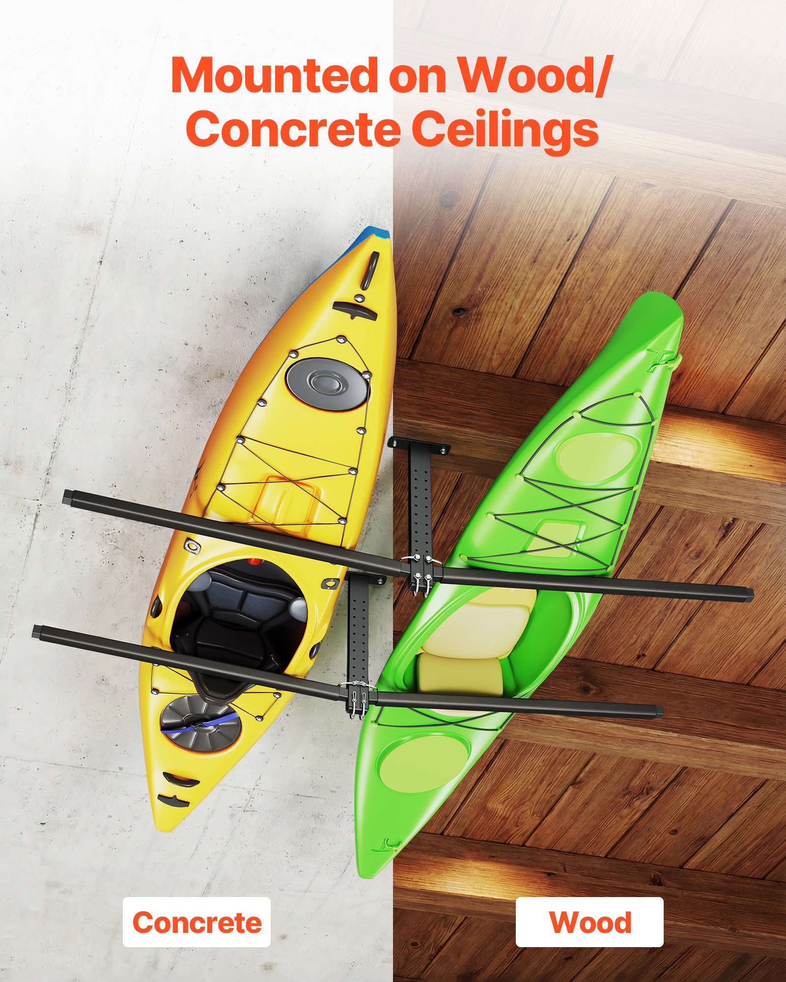 VEVOR Kajak-Aufbewahrungsregal für 2 Kajaks/Kanus/Surfbretter/Paddleboards, Kajakständer, Deckenregal zur Garagenmontage, Einstellbarer Kajakhalter (Deckenmontage) mit 113,4 kg Tragkraft