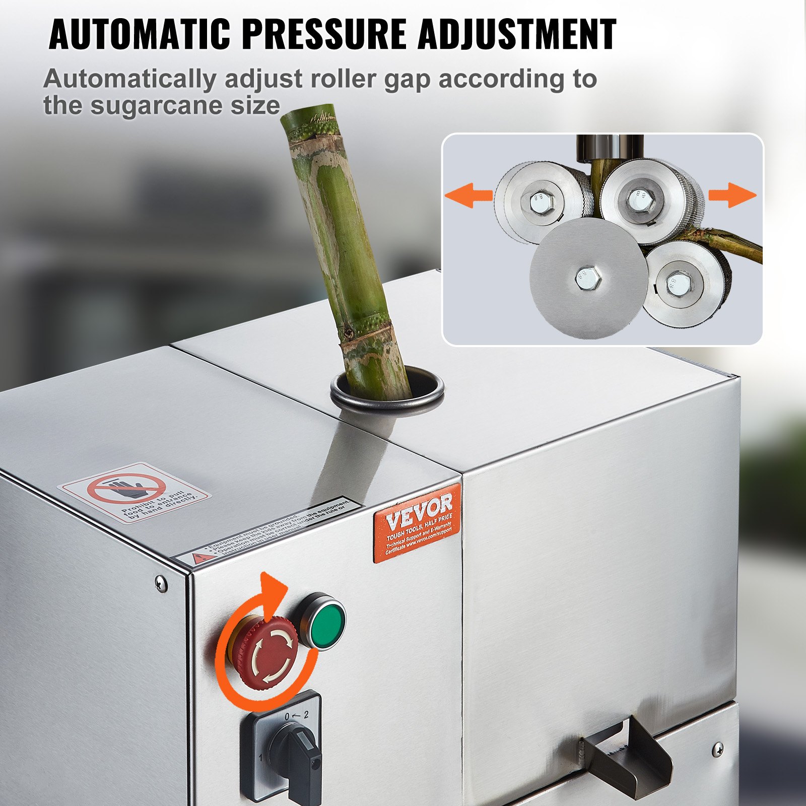 VEVOR Elektrischer Zuckerrohr-Entsafter, 800 W Zuckerrohr-Entsafter mit 300 kg/h hoher Leistung, 4 Edelstahlwalzen, 60,96 mm Großer Einlass, inkl. Schälmesser Zuckerrohr Entsafter Gewerblich