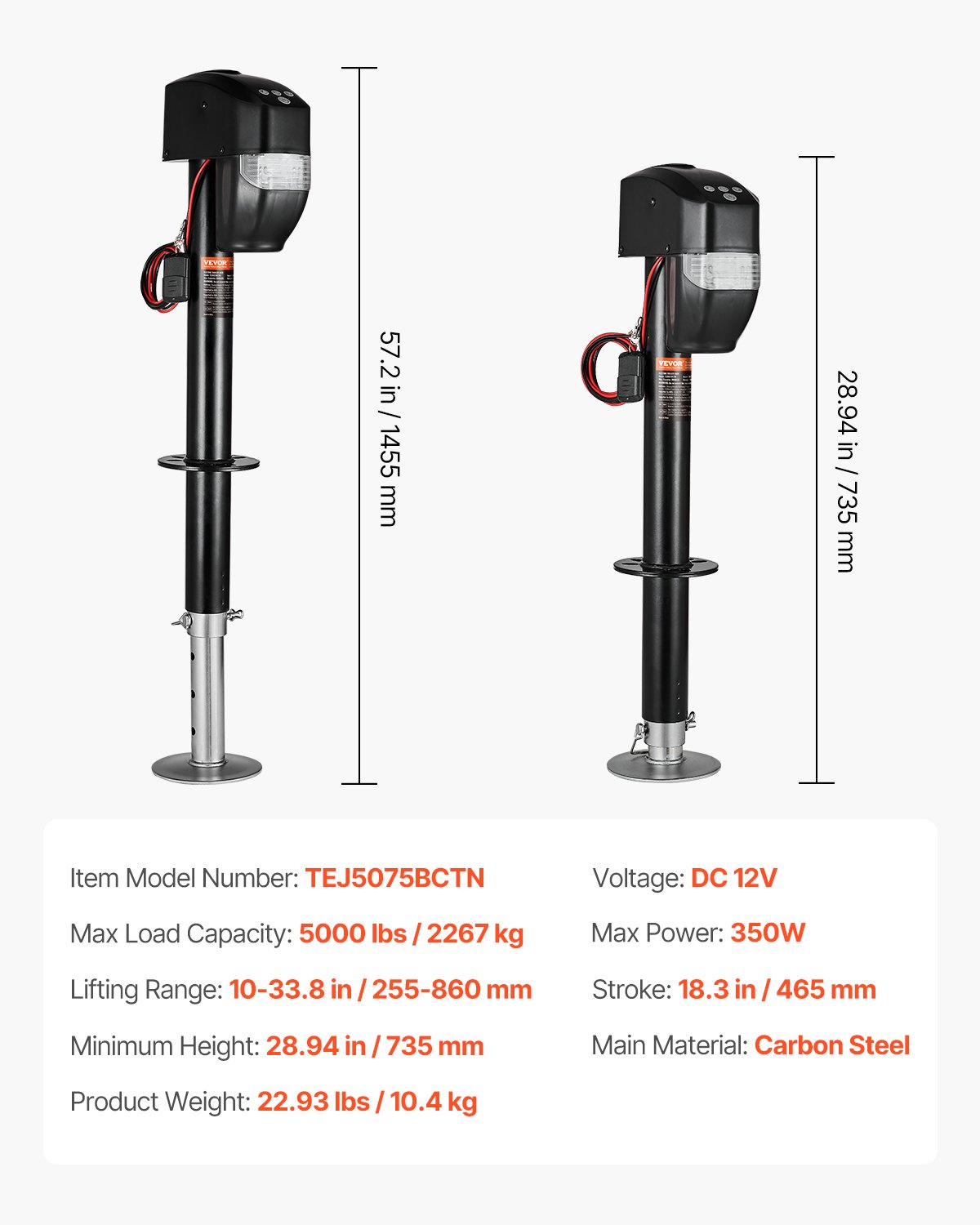 VEVOR Electric Trailer Jack, 2267 kg, Motorhome Electric Trailer Support with 2-Way Connection, Remote Control, Crank Handle & Jack Cover, 255-860 mm Lift, for Trailers and Motorhomes