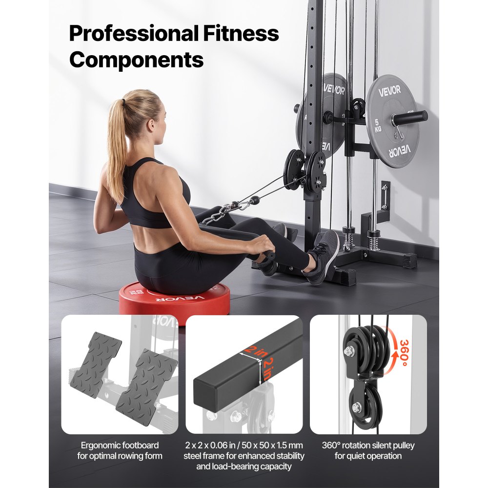 VEVOR LAT Pull Down Machine, 3-in-1 Row Cable Machine, Cable Machines Home Gym with 18-Level Height Adjustment, Wall-Mount Design, Load 227kg Lat Tower for Full-Body Workouts, Single-Arm Training