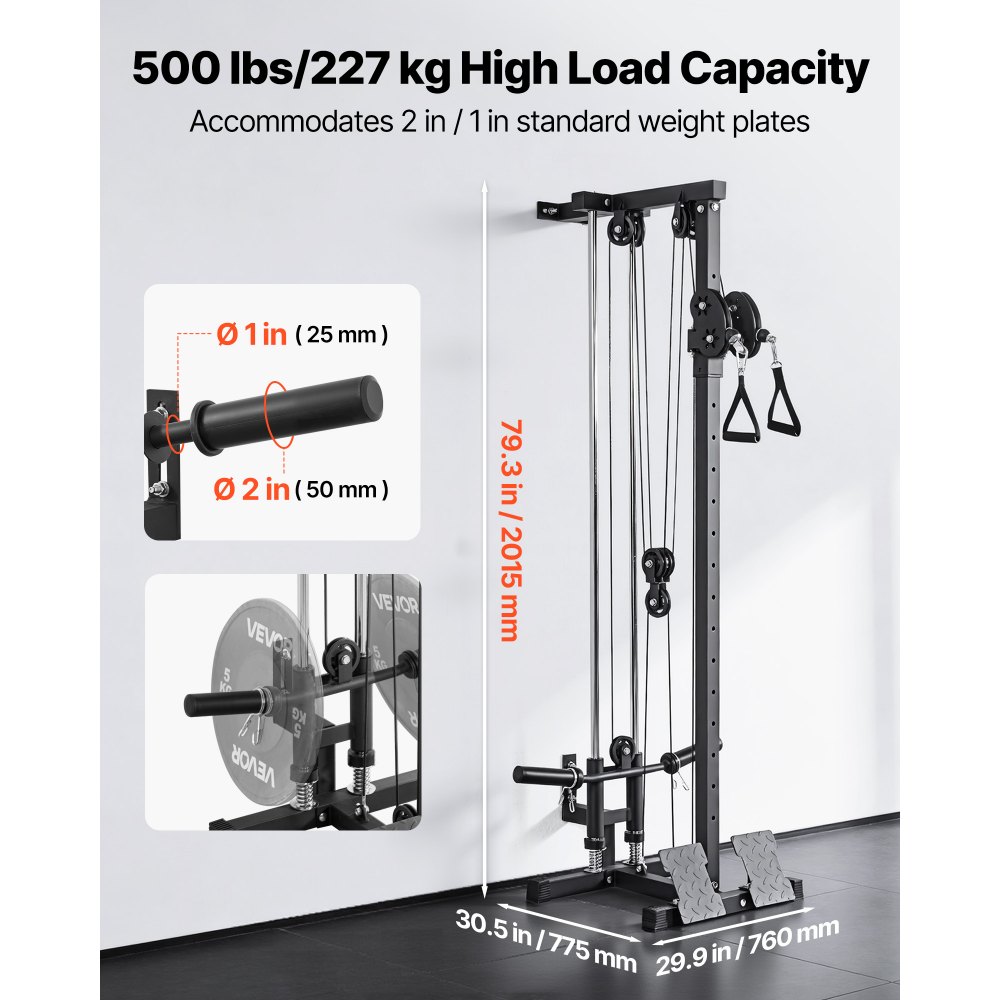 VEVOR LAT Pull Down Machine, 3-in-1 Row Cable Machine, Cable Machines Home Gym with 18-Level Height Adjustment, Wall-Mount Design, Load 227kg Lat Tower for Full-Body Workouts, Single-Arm Training