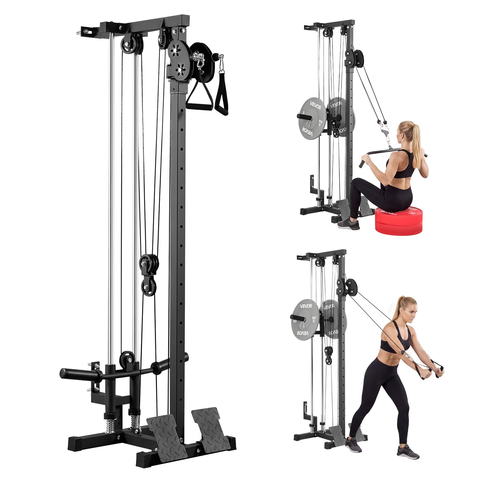 VEVOR LAT Pull Down Machine, 3-in-1 Row Cable Machine, Cable Machines Home Gym with 18-Level Height Adjustment, Wall-Mount Design, Load 227kg Lat Tower for Full-Body Workouts, Single-Arm Training