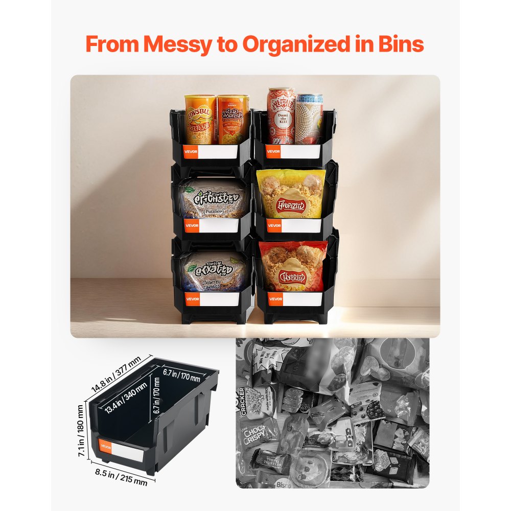 VEVOR Stapelboxen, 377 x 215 x 180 mm (6er-Pack), Lagerboxen, Sichtlagerboxen, Sichtlagerkasten zum Organisieren & Aufbewahren von Kleinteilen, Bürobedarf & anderem Zubehör, Schwarz