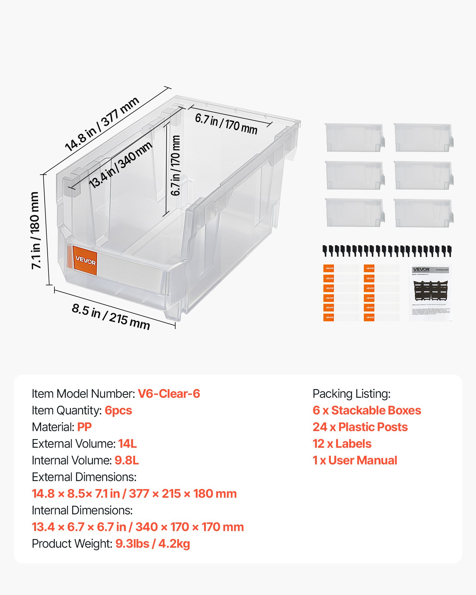 VEVOR Stapelboxen, 377 x 215 x 180 mm (6er-Pack), Sichtlagerboxen zum Organisieren & Aufbewahren, Sichtlagerkasten für Schränken, Garagen, Kleinteilen, Bürobedarf & anderem Zubehör, transparent