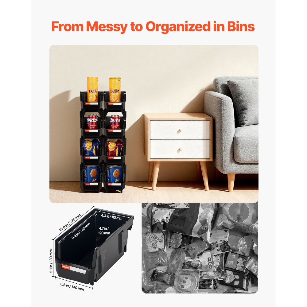 VEVOR Stapelboxen, 276x140x130 mm (8er-Pack), Sichtlagerboxen, Lagerboxen, Sichtlagerkasten zum Organisieren & Aufbewahren von Kleinteilen, Bürobedarf & anderem Zubehör, Schwarz