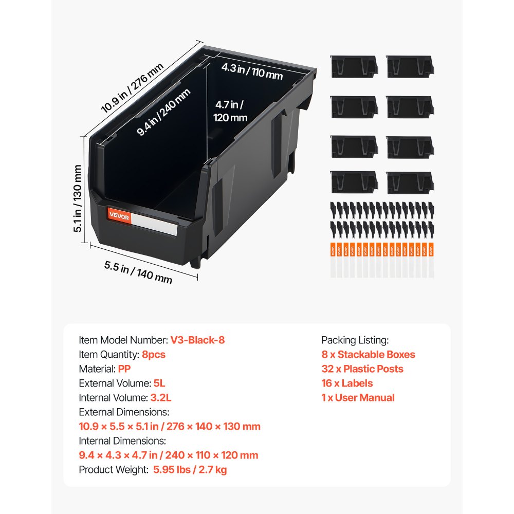 VEVOR Stapelboxen, 276x140x130 mm (8er-Pack), Sichtlagerboxen, Lagerboxen, Sichtlagerkasten zum Organisieren & Aufbewahren von Kleinteilen, Bürobedarf & anderem Zubehör, Schwarz