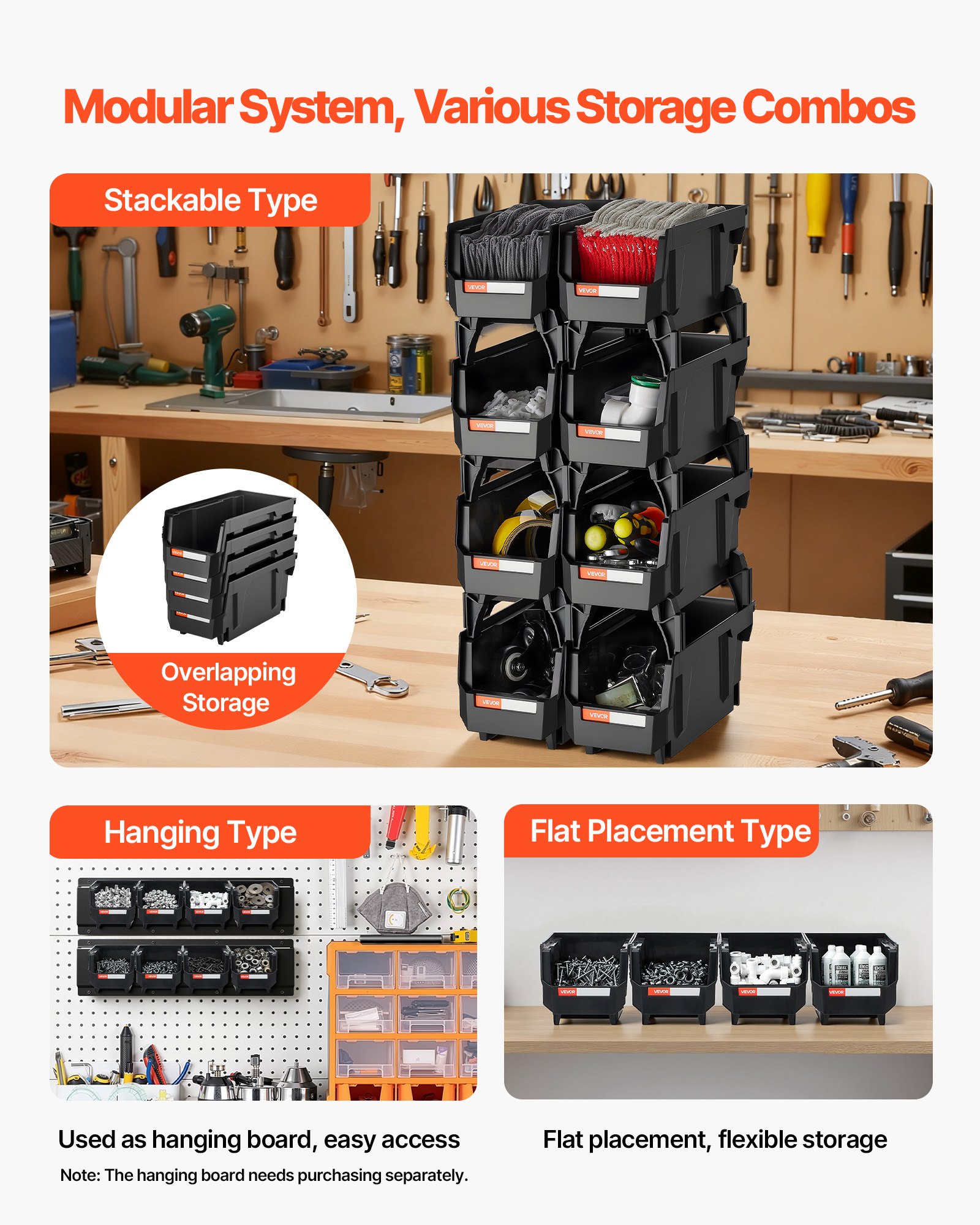 VEVOR Stapelboxen, 276x140x130 mm (8er-Pack), Sichtlagerboxen, Lagerboxen, Sichtlagerkasten zum Organisieren & Aufbewahren von Kleinteilen, Bürobedarf & anderem Zubehör, Schwarz