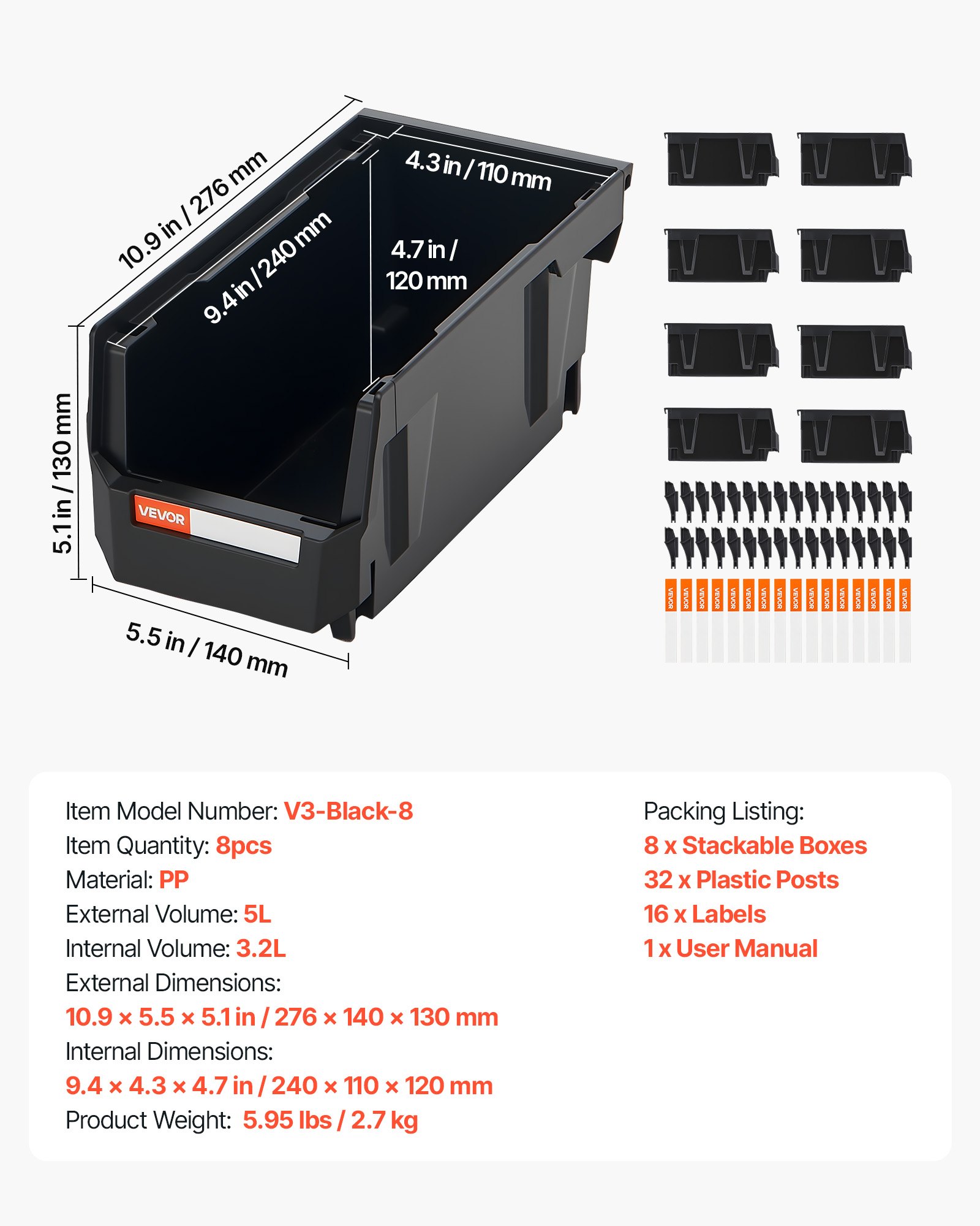 VEVOR Stapelboxen, 276x140x130 mm (8er-Pack), Sichtlagerboxen, Lagerboxen, Sichtlagerkasten zum Organisieren & Aufbewahren von Kleinteilen, Bürobedarf & anderem Zubehör, Schwarz