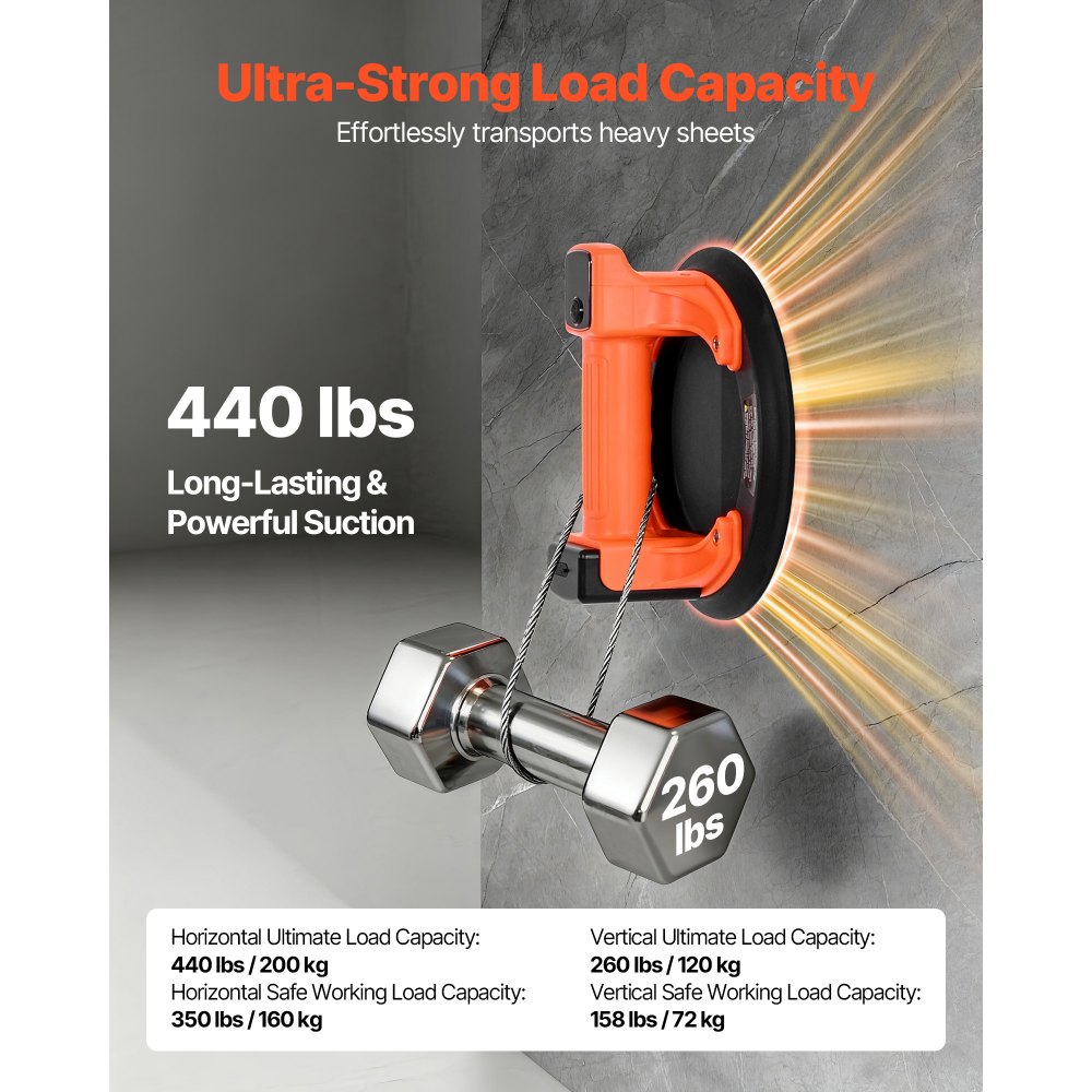 VEVOR Electric Suction Cup, 203 mm Vacuum Glass Lifter with Digital Display for Suction Power & Battery Level, 200 kg Max Lifting Capacity Tile Suction Cup Tool for Lifting Tile, Granite (1-Pack)