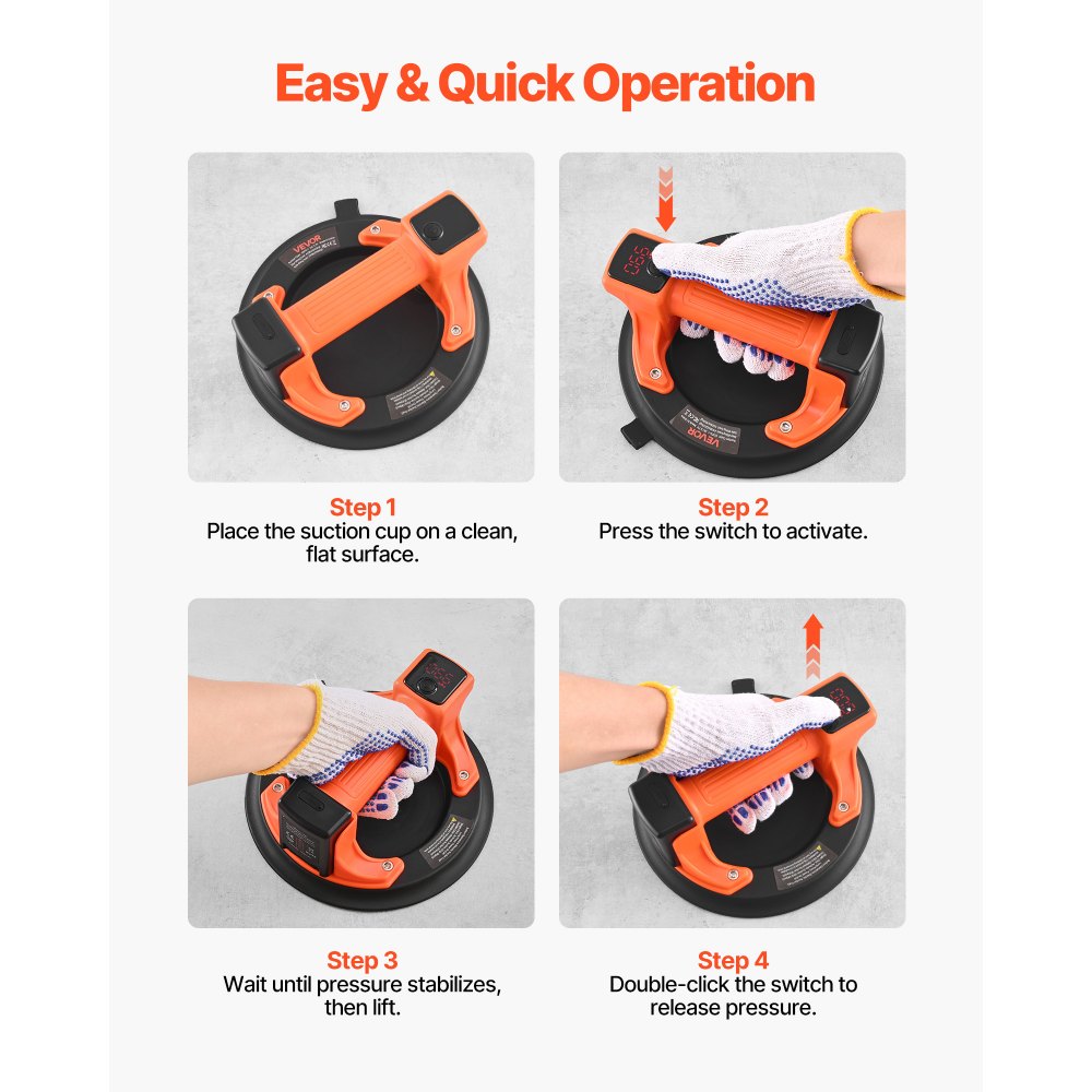 VEVOR Electric Suction Cup, 203 mm Vacuum Glass Lifter with Digital Display for Suction Power & Battery Level, 200 kg Max Lifting Capacity Tile Suction Cup Tool for Lifting Tile, Granite (1-Pack)